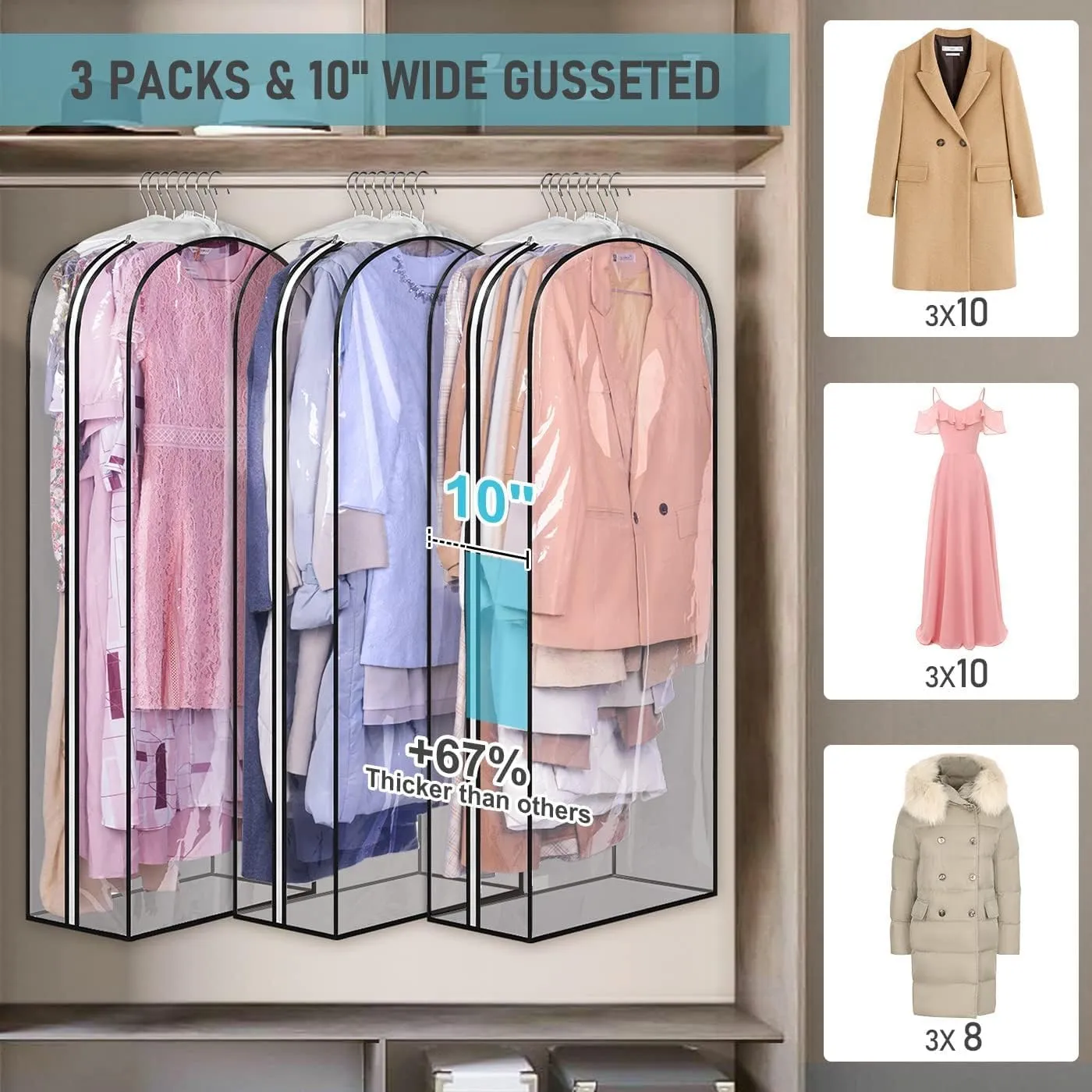 MISSLO 10" Gusseted All Clear Garment Bags for Hanging Clothes 50" Dress Bags for Closet Storage Coat Protectors for Suits, Gowns, 3 Packs