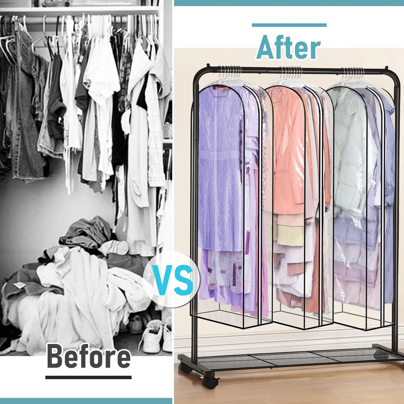MISSLO 10" Gusseted All Clear Garment Bags for Hanging Clothes 60" Dress Bags for Gowns Long Fur Coat Closet Storage Covers, 3 Packs