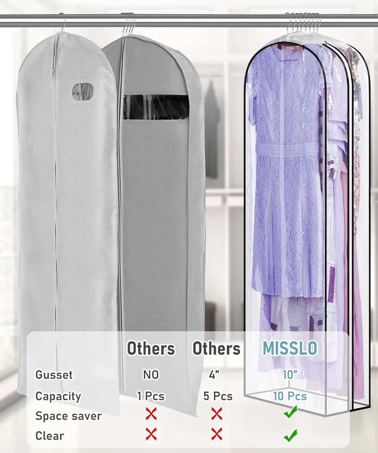 MISSLO 10" Gusseted All Clear Garment Bags for Hanging Clothes 60" Dress Bags for Gowns Long Fur Coat Closet Storage Covers, 3 Packs