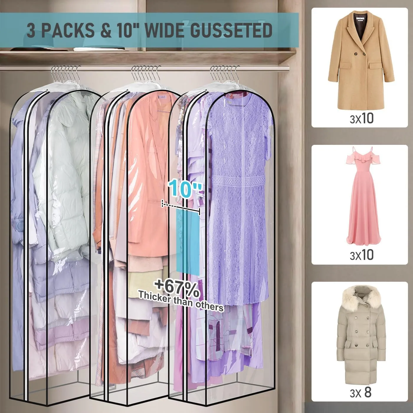 MISSLO 10" Gusseted All Clear Garment Bags for Hanging Clothes 60" Dress Bags for Gowns Long Fur Coat Closet Storage Covers, 3 Packs