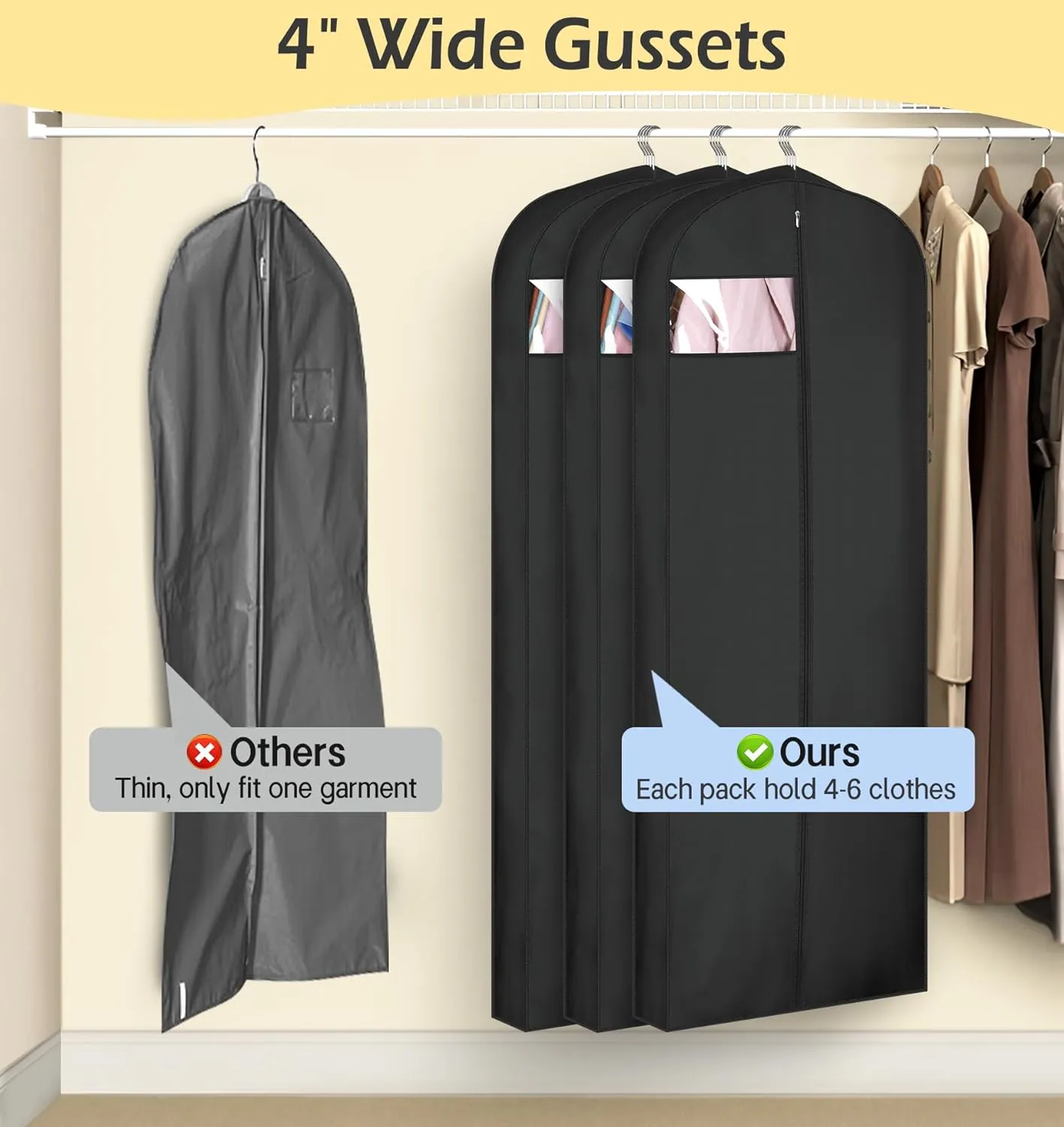 MISSLO 4" Gusseted Garment Bags for Hanging Clothes 65" Dress Bags for Gowns Long Waterproof Dress Cover for Closet Hanging Clothes Storage Bag, 3 Packs, Black