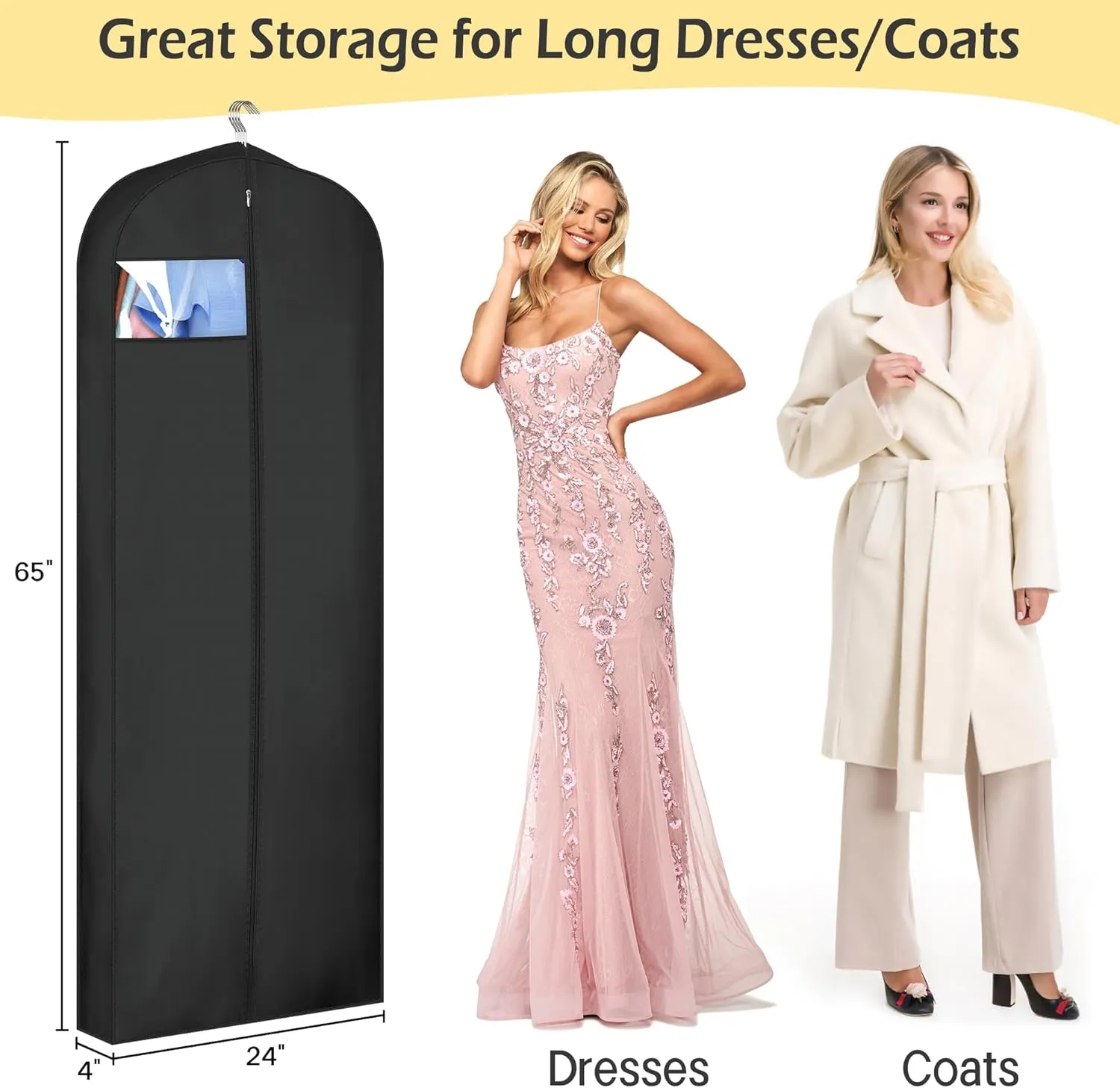 MISSLO 4" Gusseted Garment Bags for Hanging Clothes 65" Dress Bags for Gowns Long Waterproof Dress Cover for Closet Hanging Clothes Storage Bag, 3 Packs, Black