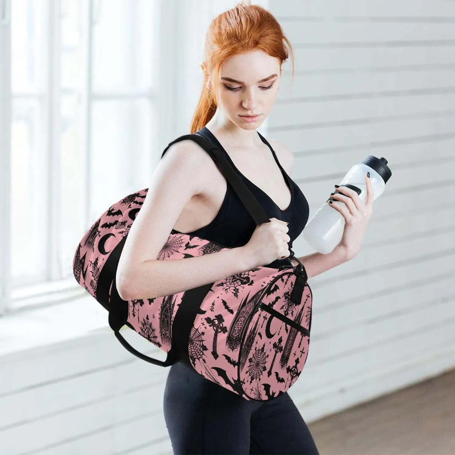 MNSRUU Sports Duffel Bags, Black Gothic Moon Spider Webs and Bats Athletic Gym Bag Overnight Workout Travel Tote Luggage for Men Women Yoga