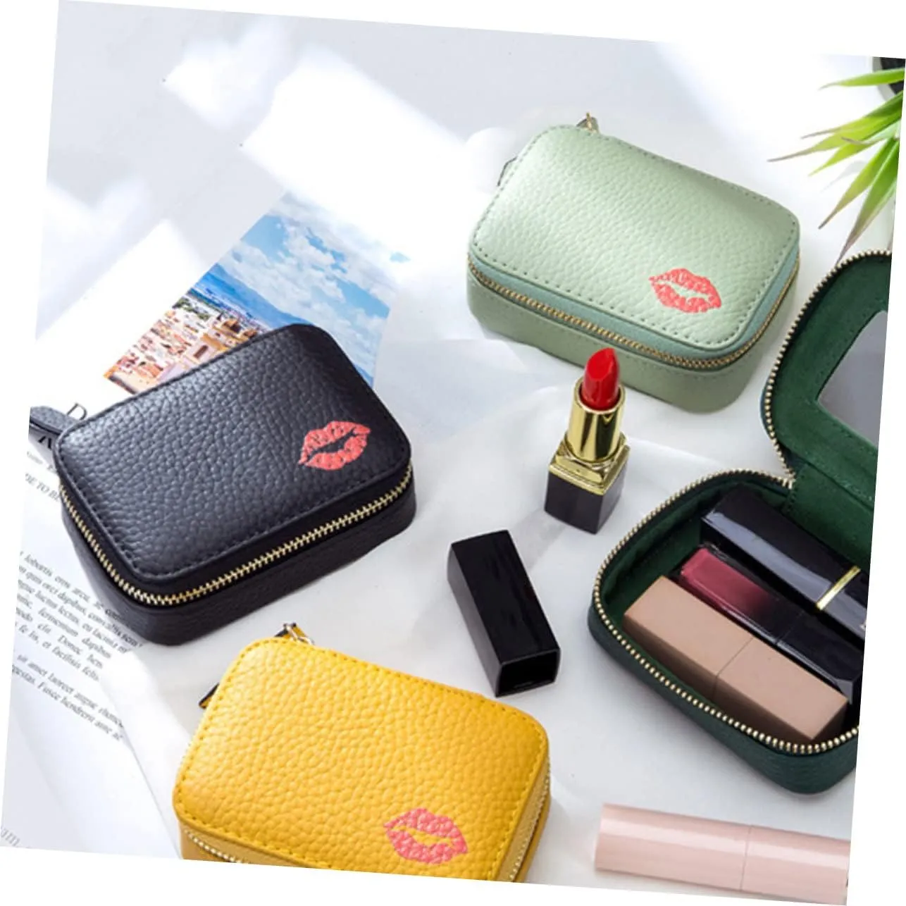 Mobestech Faux Leather Makeup Bag - Portable Lipstick Holder & Storage Pouch - Small Zipper Travel Cosmetic Bag
