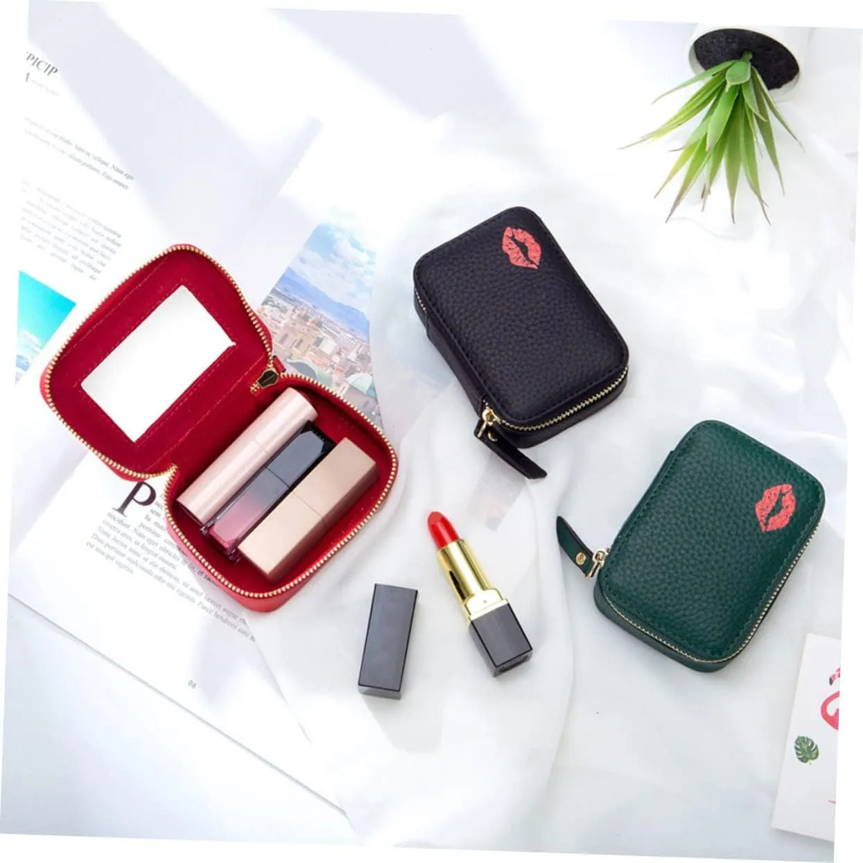 Mobestech Faux Leather Makeup Bag - Portable Lipstick Holder & Storage Pouch - Small Zipper Travel Cosmetic Bag