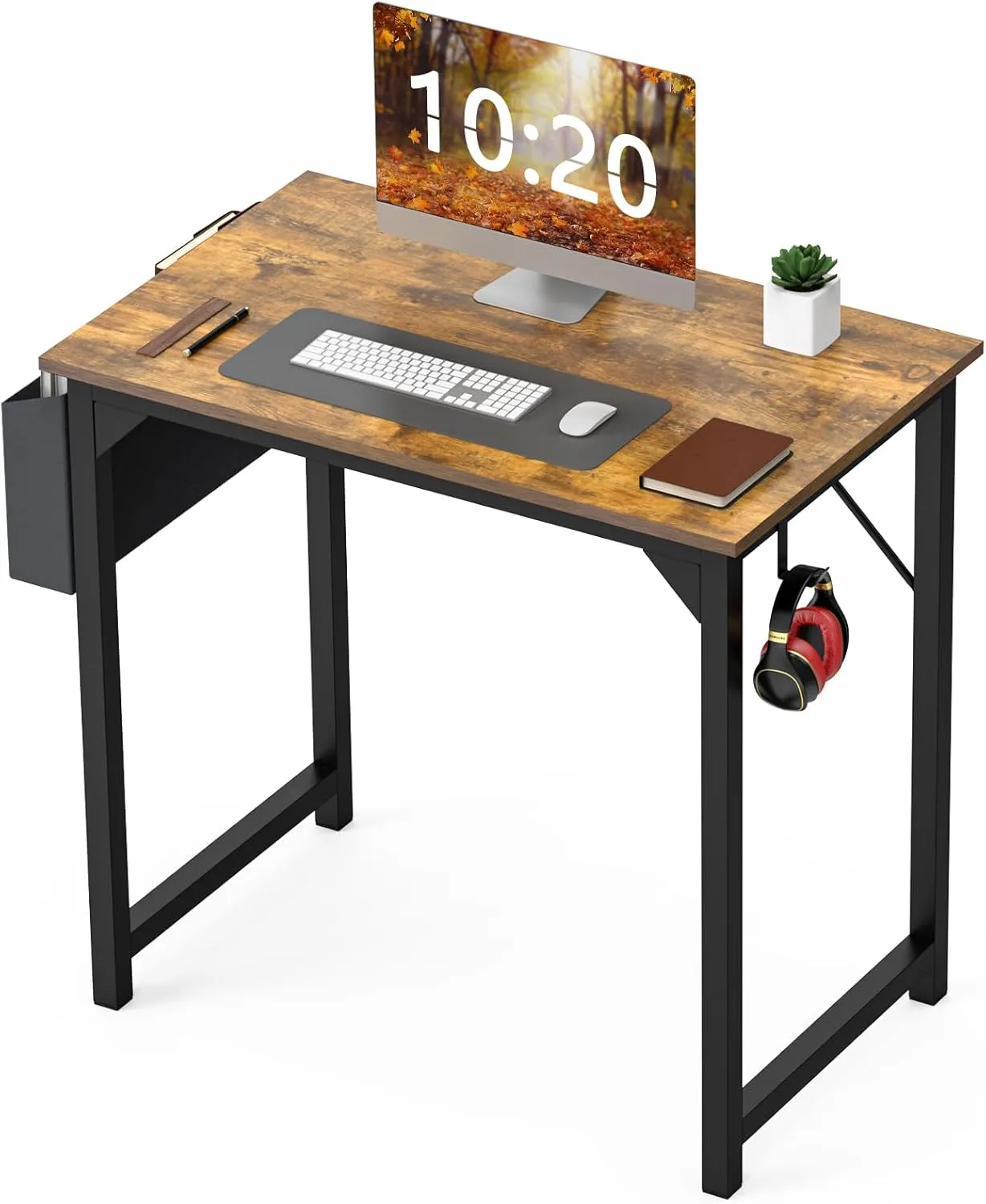 Modern Minimalist Computer Desk - Robust Home Office Desk with Eco-Friendly Desktop, Storage Bag & Hook - for Study, Writing desks, Workspace Organization (Rustic Brown, 30-inch)