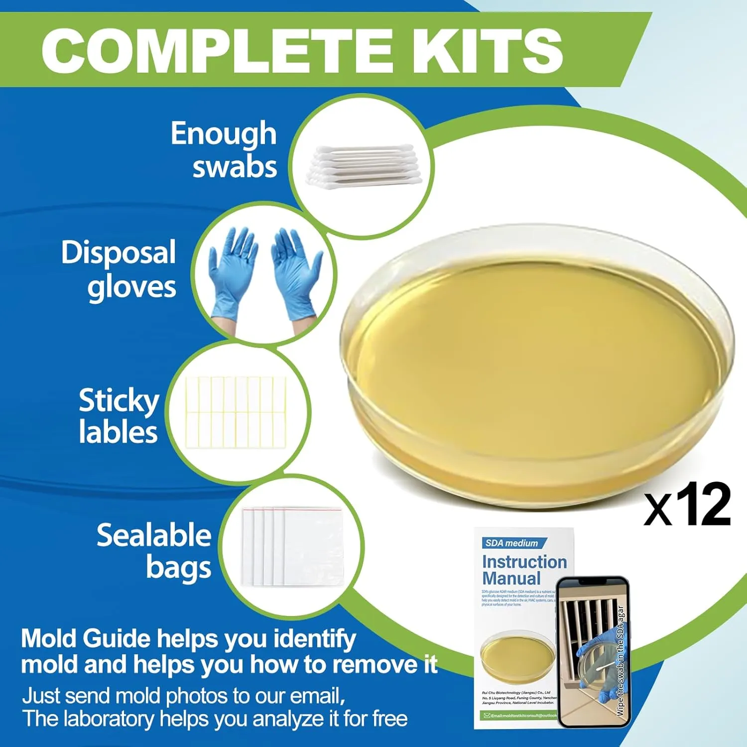Mold Test Kit for Home-Simple Mold Detection Kits, HVAC, Surface & Indoor Air Quality Testing, Fast and Reliable DIY Mold Detector for House Black Mold, Identification Guide Free Analysis (12 Pack)