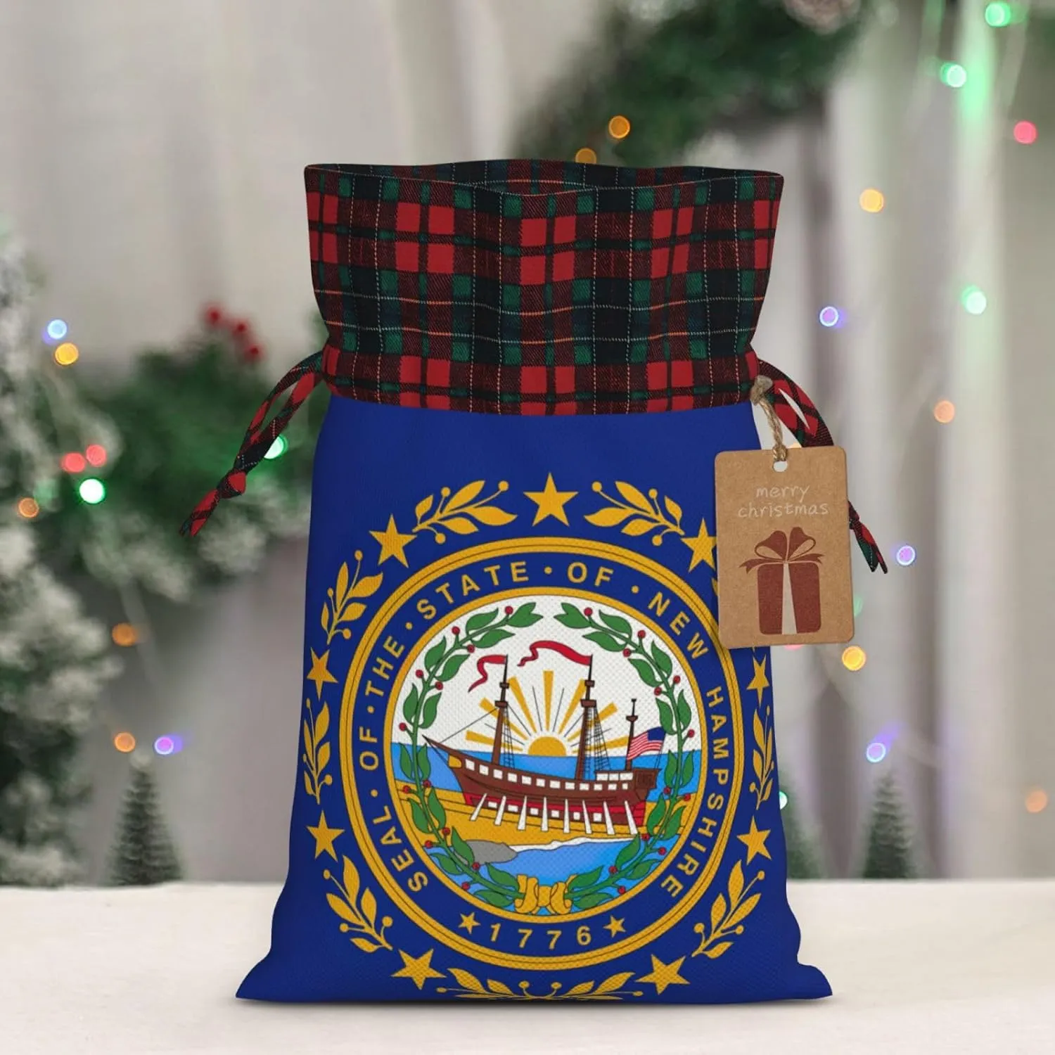 Muflvdx New Hampshire State Flag Print Christmas Gift Bags,Reusable Holiday Bags For Gifts,For Christmas,Birthdays,Parties