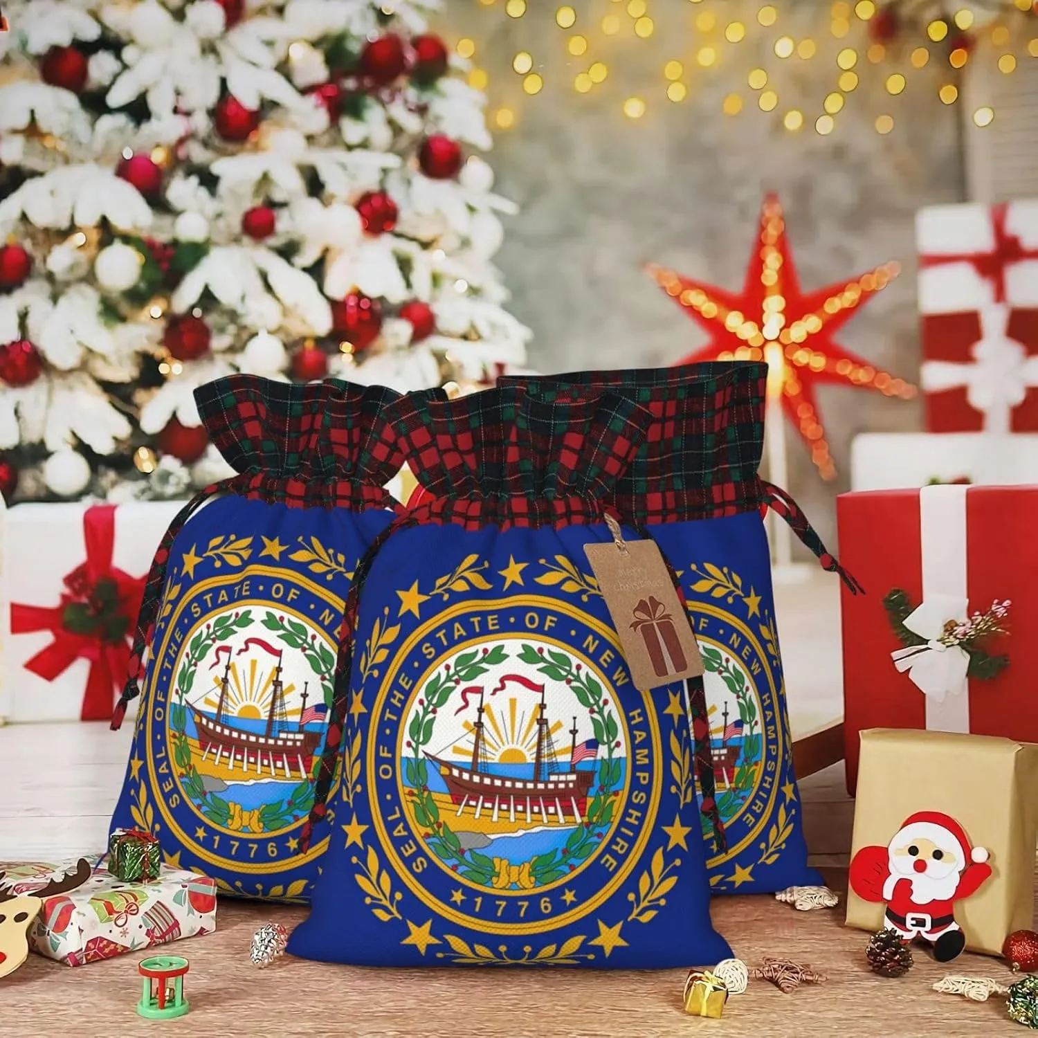 Muflvdx New Hampshire State Flag Print Christmas Gift Bags,Reusable Holiday Bags For Gifts,For Christmas,Birthdays,Parties