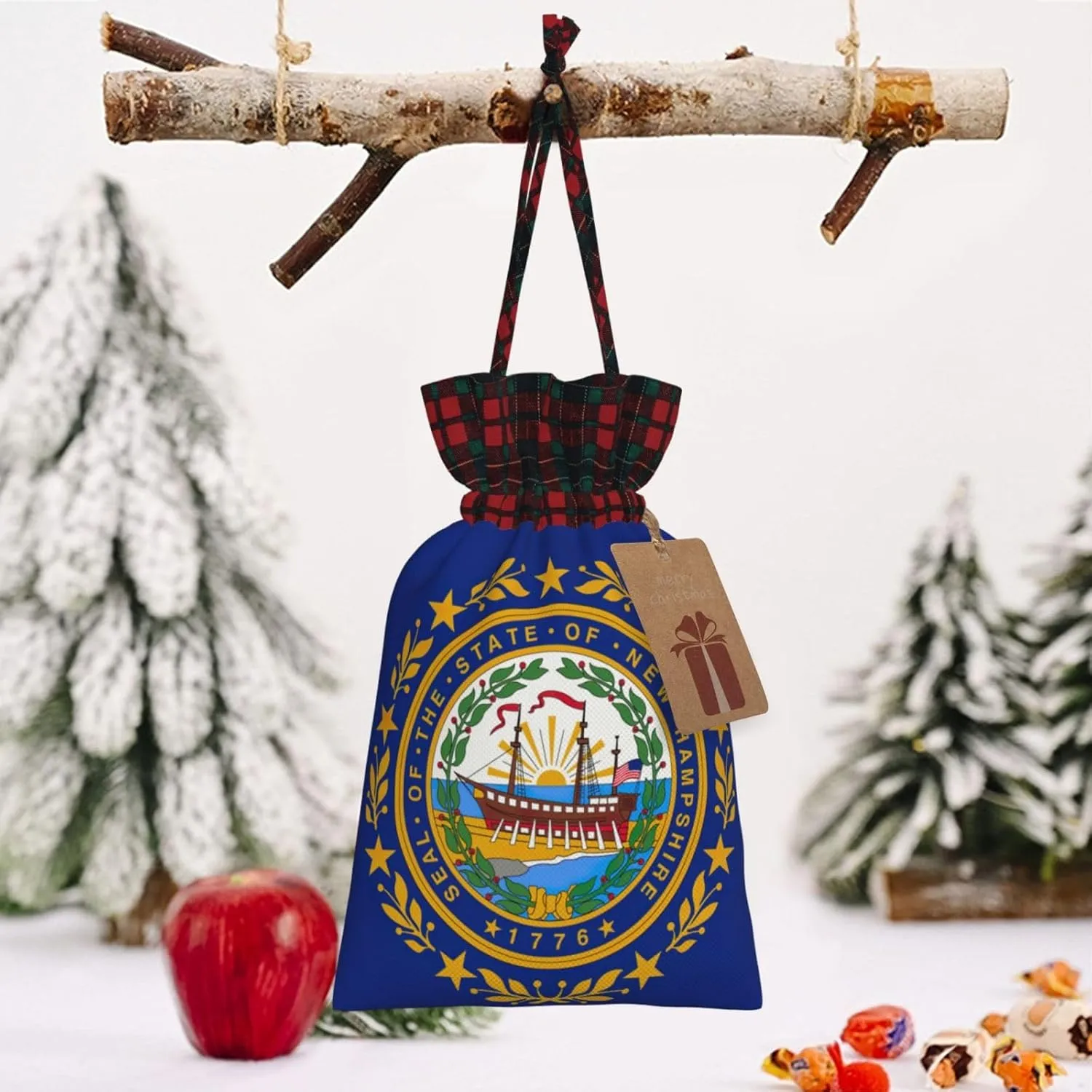 Muflvdx New Hampshire State Flag Print Christmas Gift Bags,Reusable Holiday Bags For Gifts,For Christmas,Birthdays,Parties