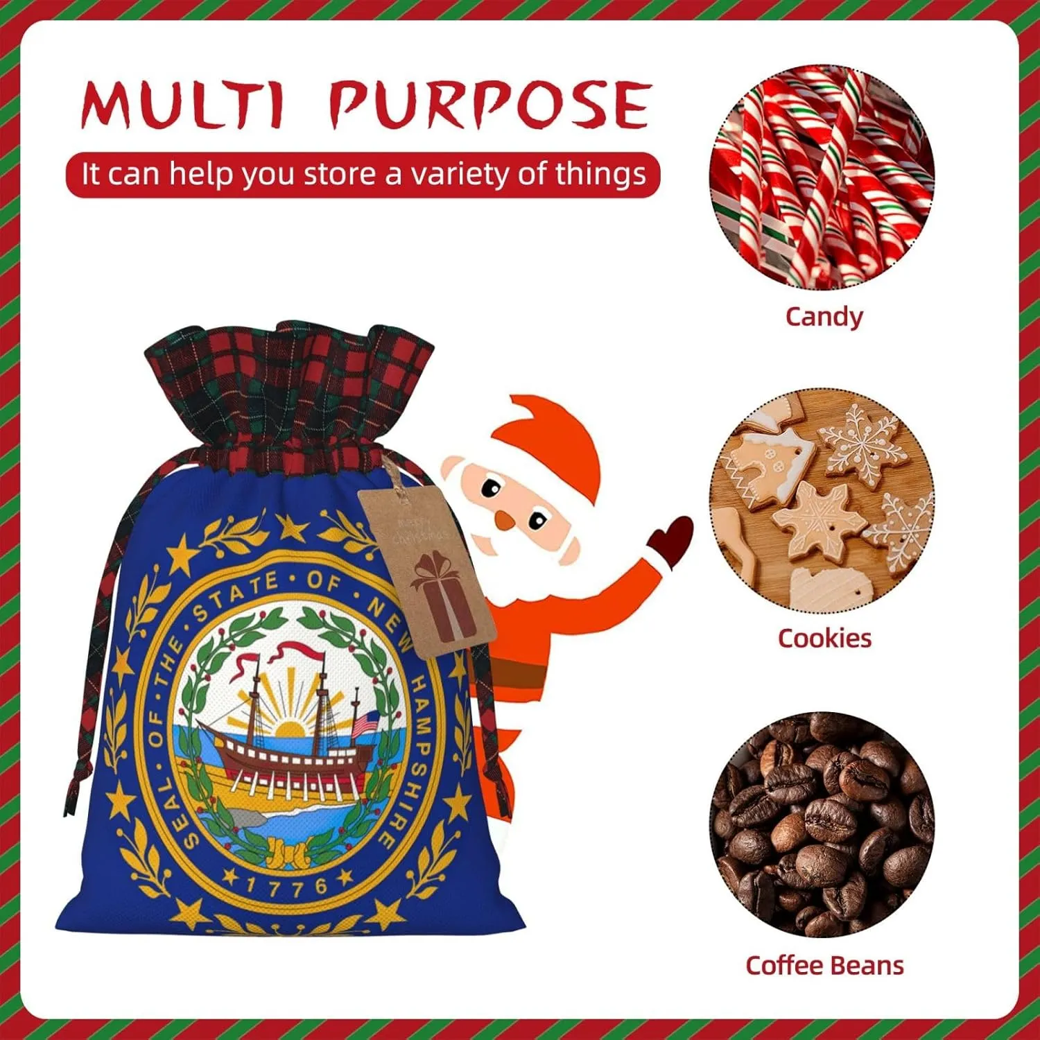Muflvdx New Hampshire State Flag Print Christmas Gift Bags,Reusable Holiday Bags For Gifts,For Christmas,Birthdays,Parties