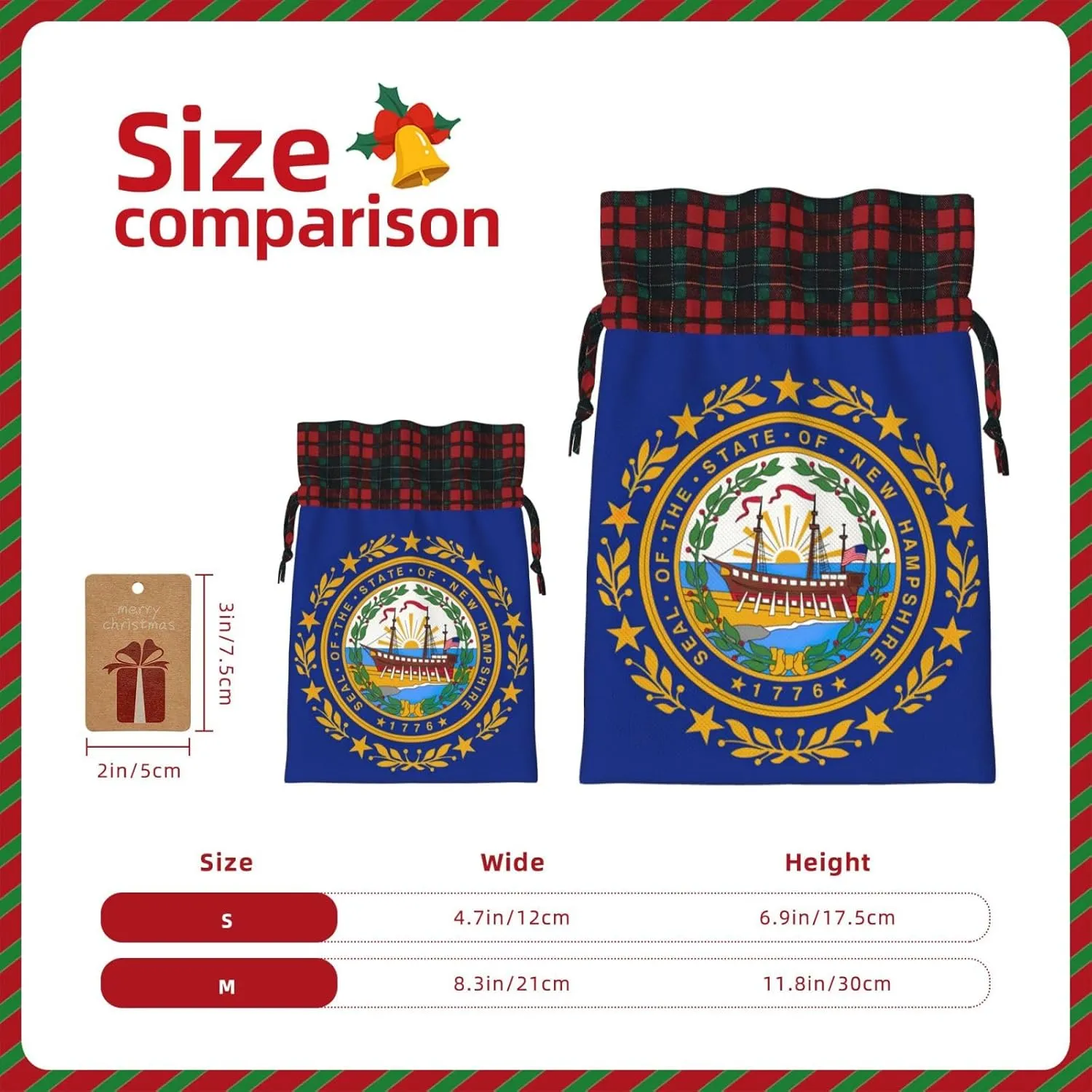 Muflvdx New Hampshire State Flag Print Christmas Gift Bags,Reusable Holiday Bags For Gifts,For Christmas,Birthdays,Parties