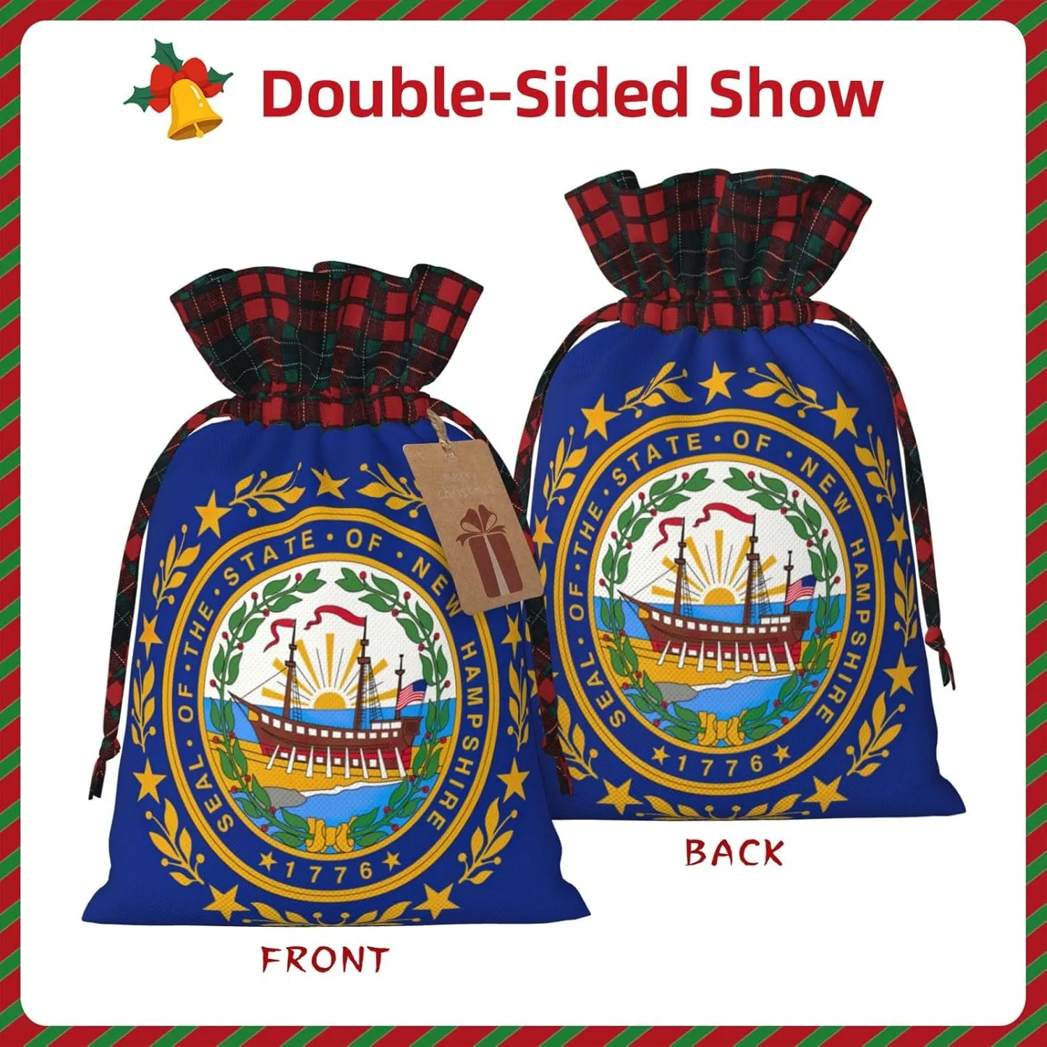 Muflvdx New Hampshire State Flag Print Christmas Gift Bags,Reusable Holiday Bags For Gifts,For Christmas,Birthdays,Parties