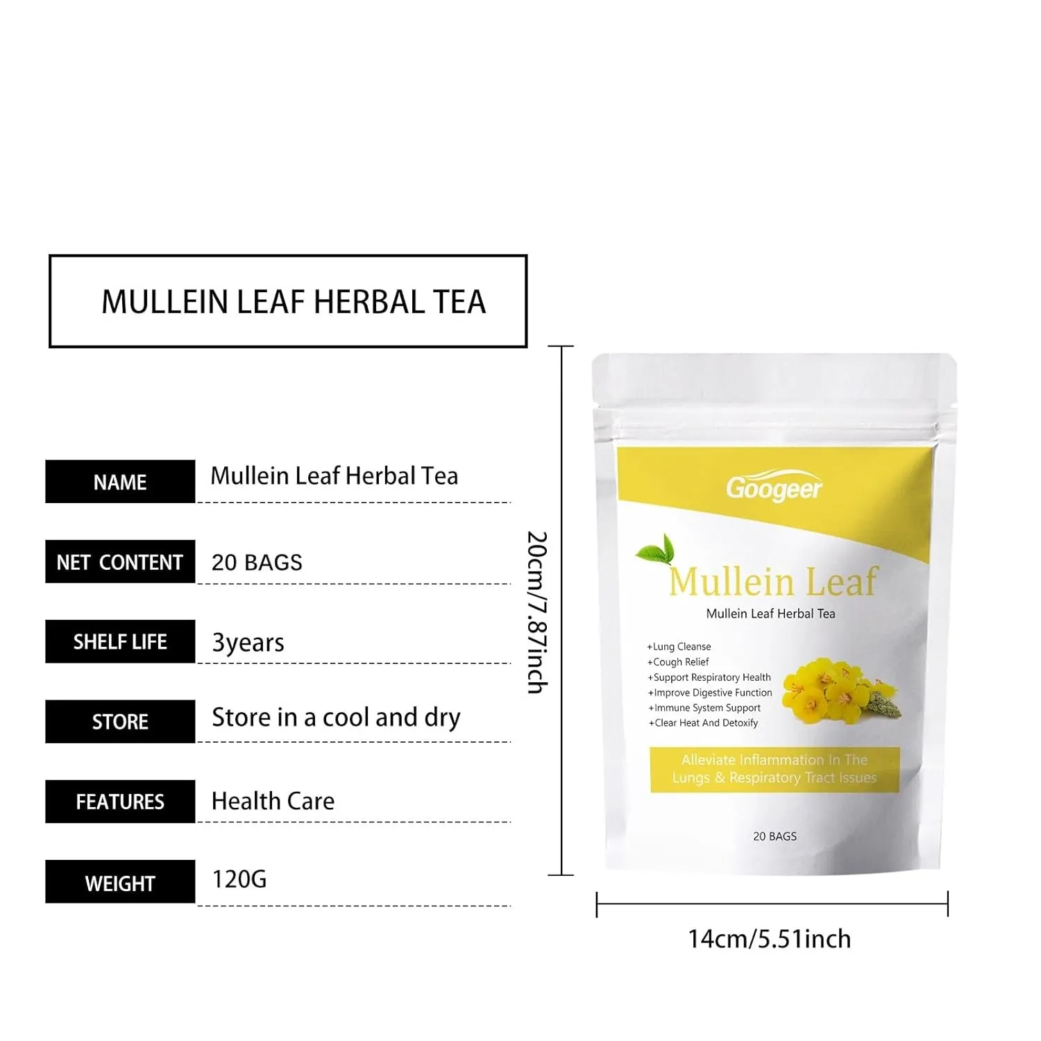Mullein Leaf Herbal Lung Cleansing Tea Bags For Improved Lung Function, Natural Body Therapy, Refreshing And Easy To Brew(3PCS)