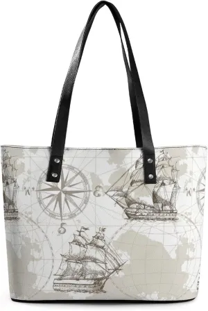 Nautical Sea Map Compass Sailing Ship Women Tote Bags Top Handle Satchel Handbags Faux Leather Tassel Shoulder Purse