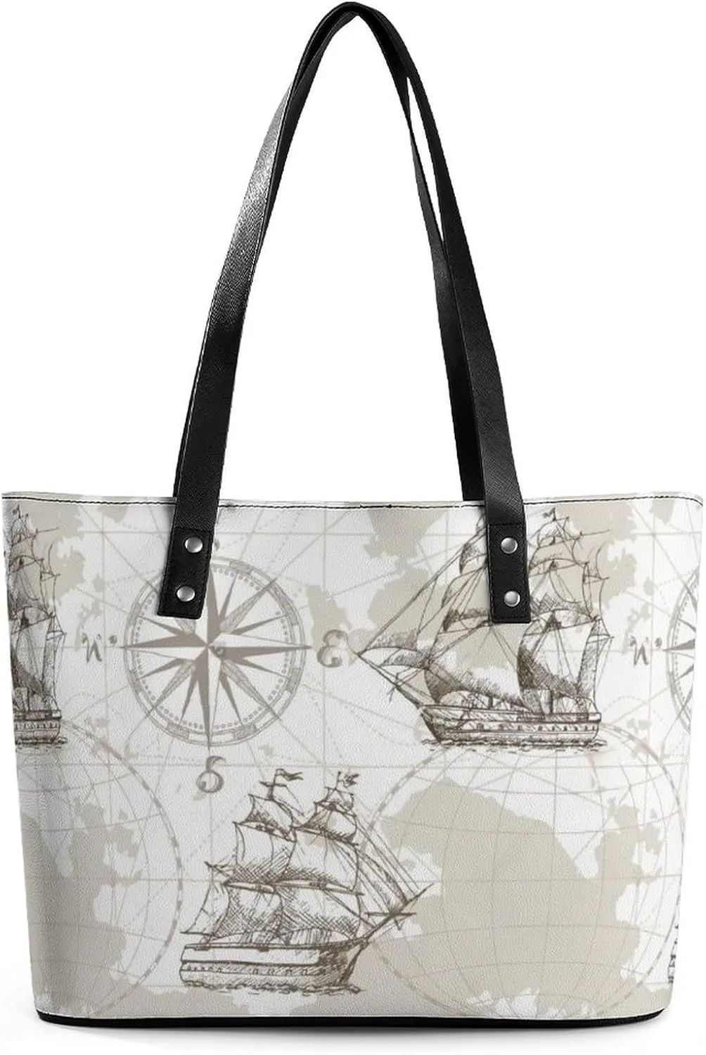 Nautical Sea Map Compass Sailing Ship Women Tote Bags Top Handle Satchel Handbags Faux Leather Tassel Shoulder Purse