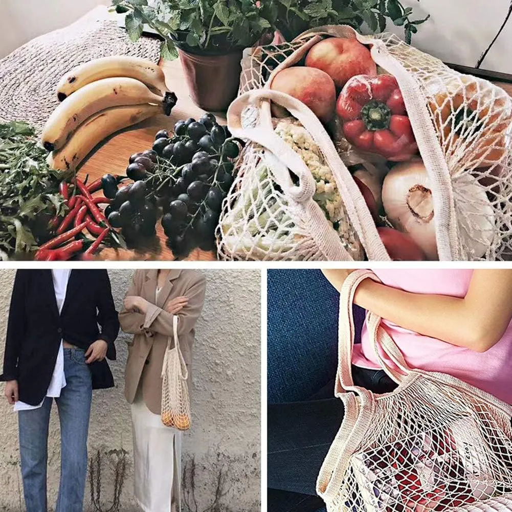 Net Shopping Bag Reusable Grocery Bags Net Storage Bag Long Handle Cotton Mesh Net Tote Bag Fruit Vegetable Net Bags Organizer