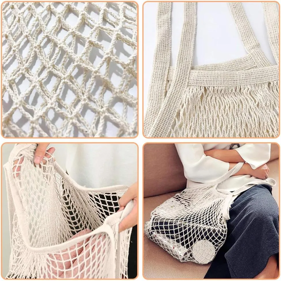 Net Shopping Bag Reusable Grocery Bags Net Storage Bag Long Handle Cotton Mesh Net Tote Bag Fruit Vegetable Net Bags Organizer