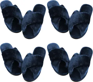 Newcotte 4 Pairs Women's Fuzzy Slippers Bridesmaid Slippers Open Toe Cross Band Plush Furry House Soft Fluffy Cozy