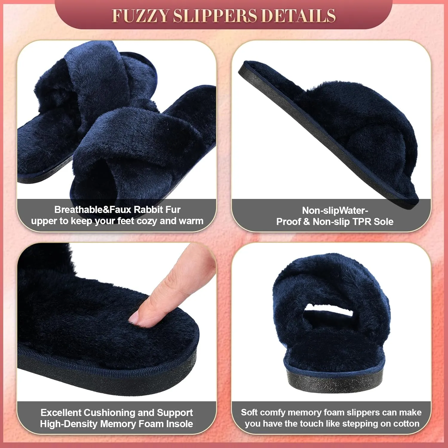 Newcotte 4 Pairs Women's Fuzzy Slippers Bridesmaid Slippers Open Toe Cross Band Plush Furry House Soft Fluffy Cozy