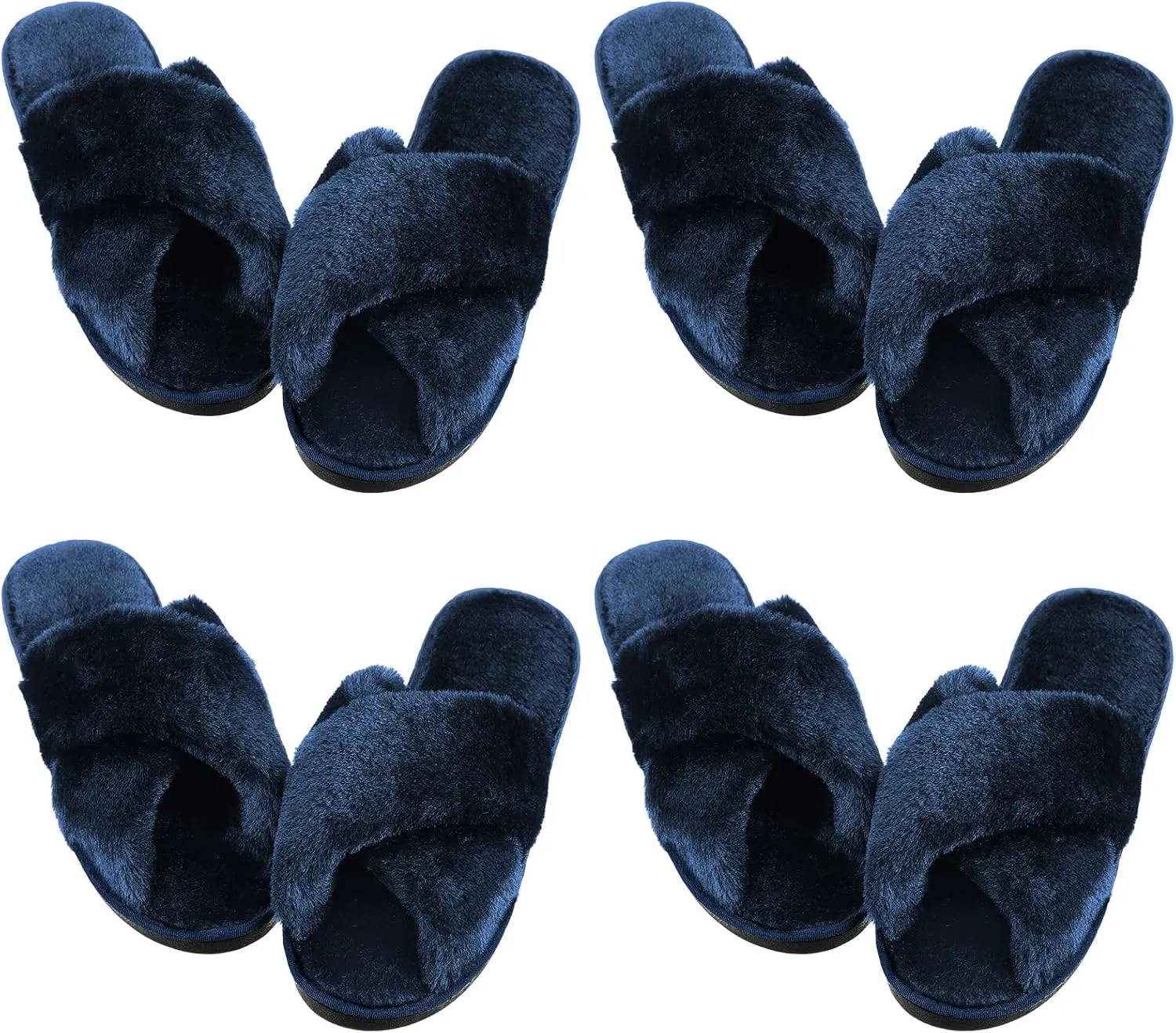 Newcotte 4 Pairs Women's Fuzzy Slippers Bridesmaid Slippers Open Toe Cross Band Plush Furry House Soft Fluffy Cozy