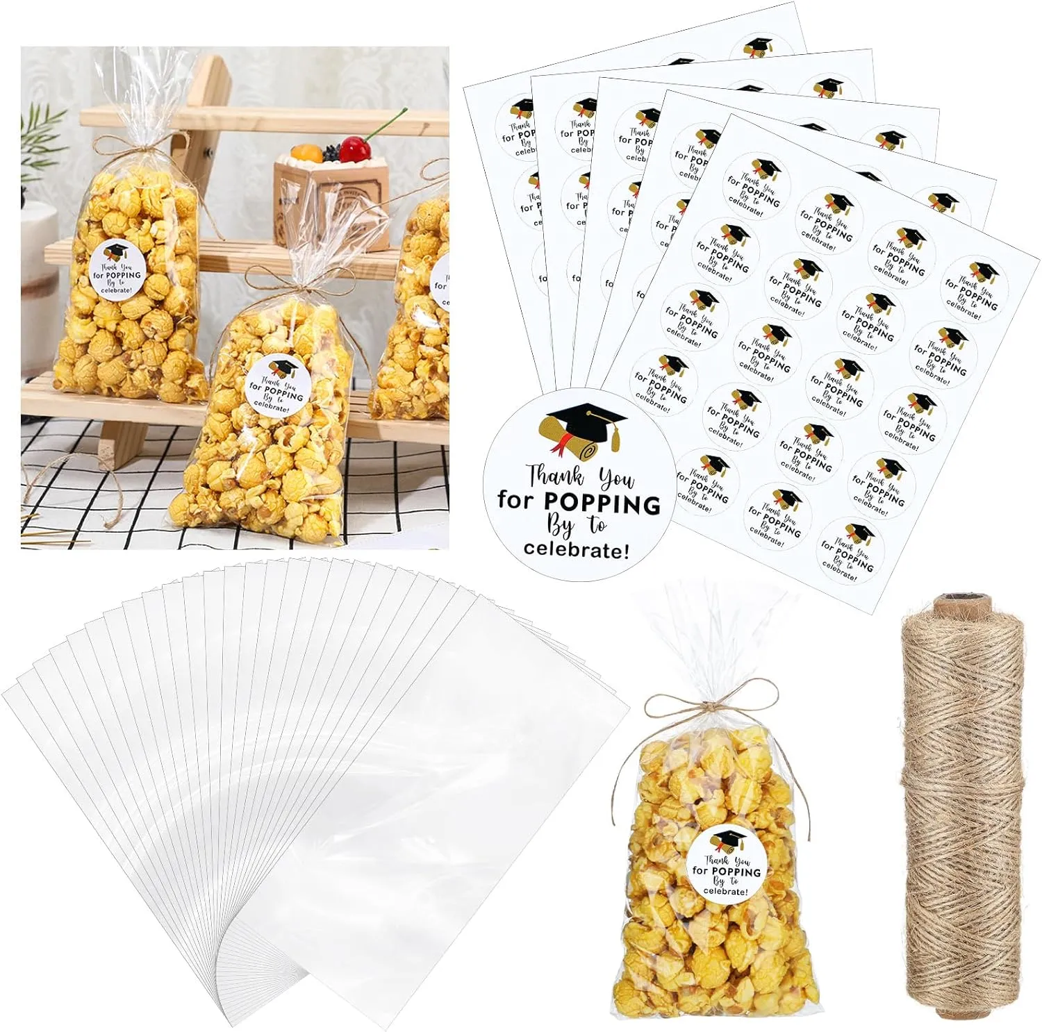 Newtay 100 Set Graduation Treat Bag with Thank You for Popping by Sticker 328 ft Twine Graduates Candy 2025 Plastic Clear Goodies Wrapping Bag Bulk for Popcorn Cookie Gift Party Favor