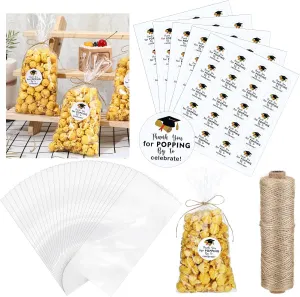 Newtay 100 Set Graduation Treat Bag with Thank You for Popping by Sticker 328 ft Twine Graduates Candy 2025 Plastic Clear Goodies Wrapping Bag Bulk for Popcorn Cookie Gift Party Favor