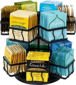 NHZ Tea Bag Organizer - Spinning Carousel Holder With 12 Compartments, Up to 140 Tea Bags Storage, Black Powder Coated Stainless Steel