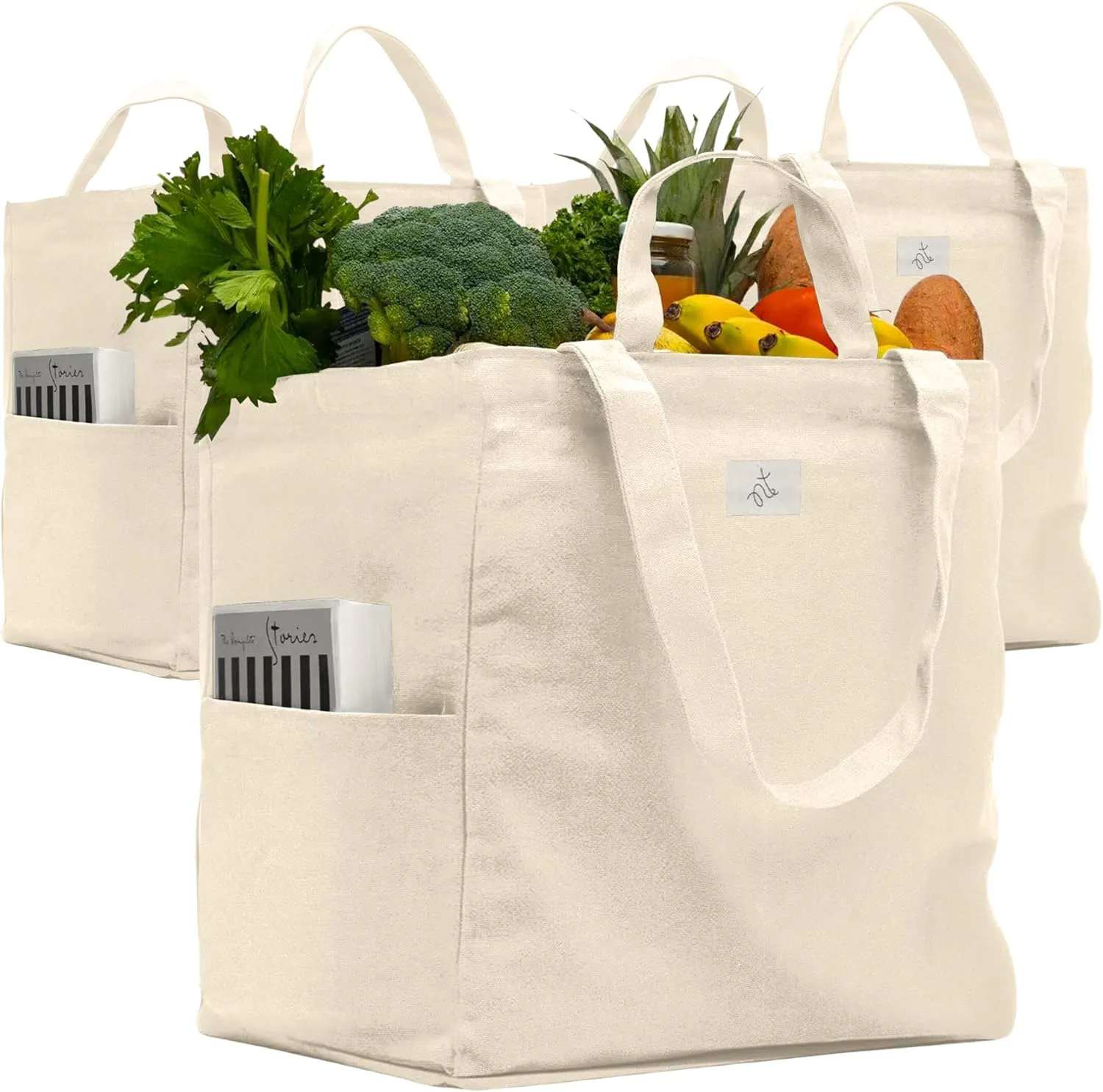 Nook Theory 3 Pcs Reusable Grocery Bags - Heavy Duty Canvas Bags, Large Reusable Shopping Bag, Picnic, 100% Cotton (Cream)