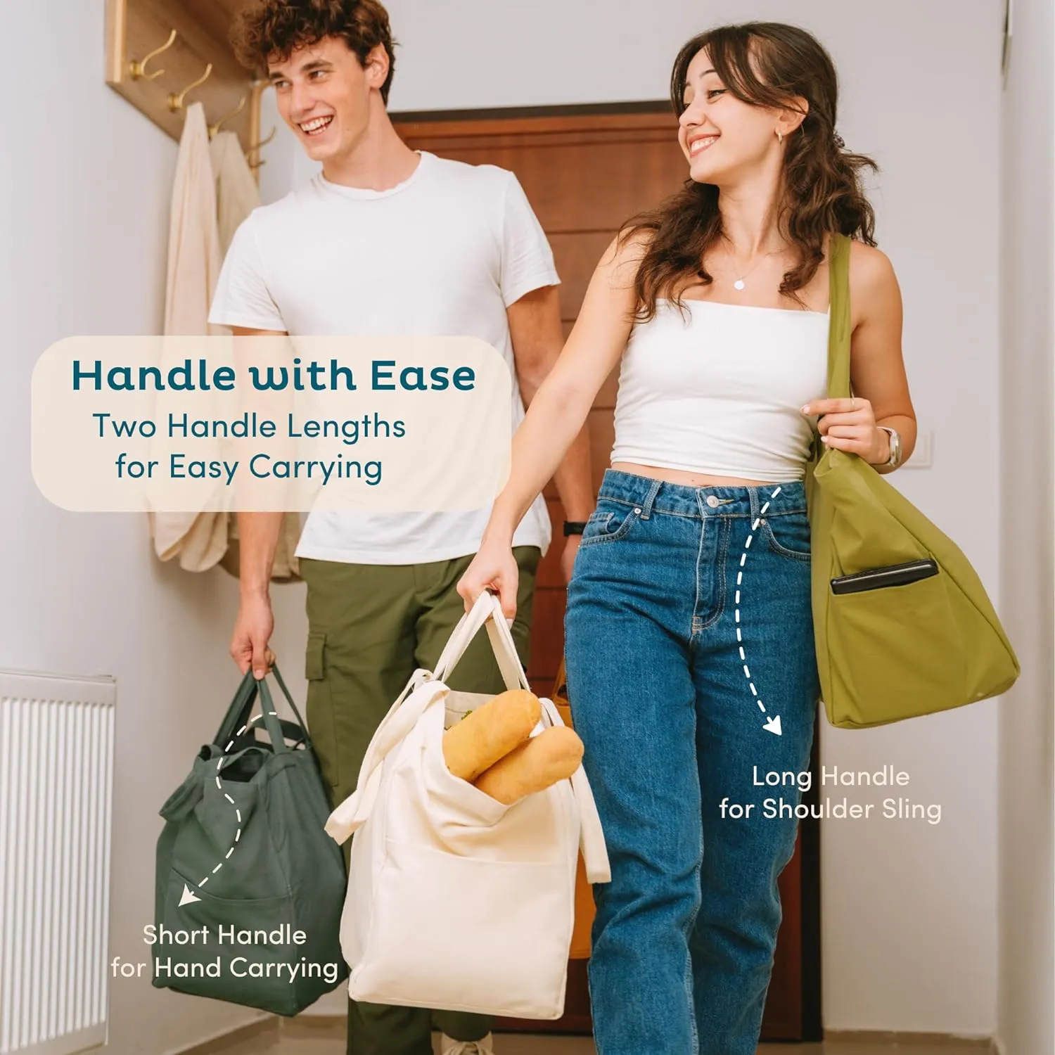 Nook Theory 3 Pcs Reusable Grocery Bags - Heavy Duty Canvas Bags, Large Reusable Shopping Bag, Picnic, 100% Cotton (Cream)