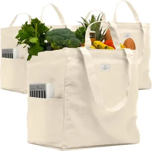 Nook Theory 3 Pcs Reusable Grocery Bags - Heavy Duty Canvas Bags, Large Reusable Shopping Bag, Picnic, 100% Cotton (Cream)