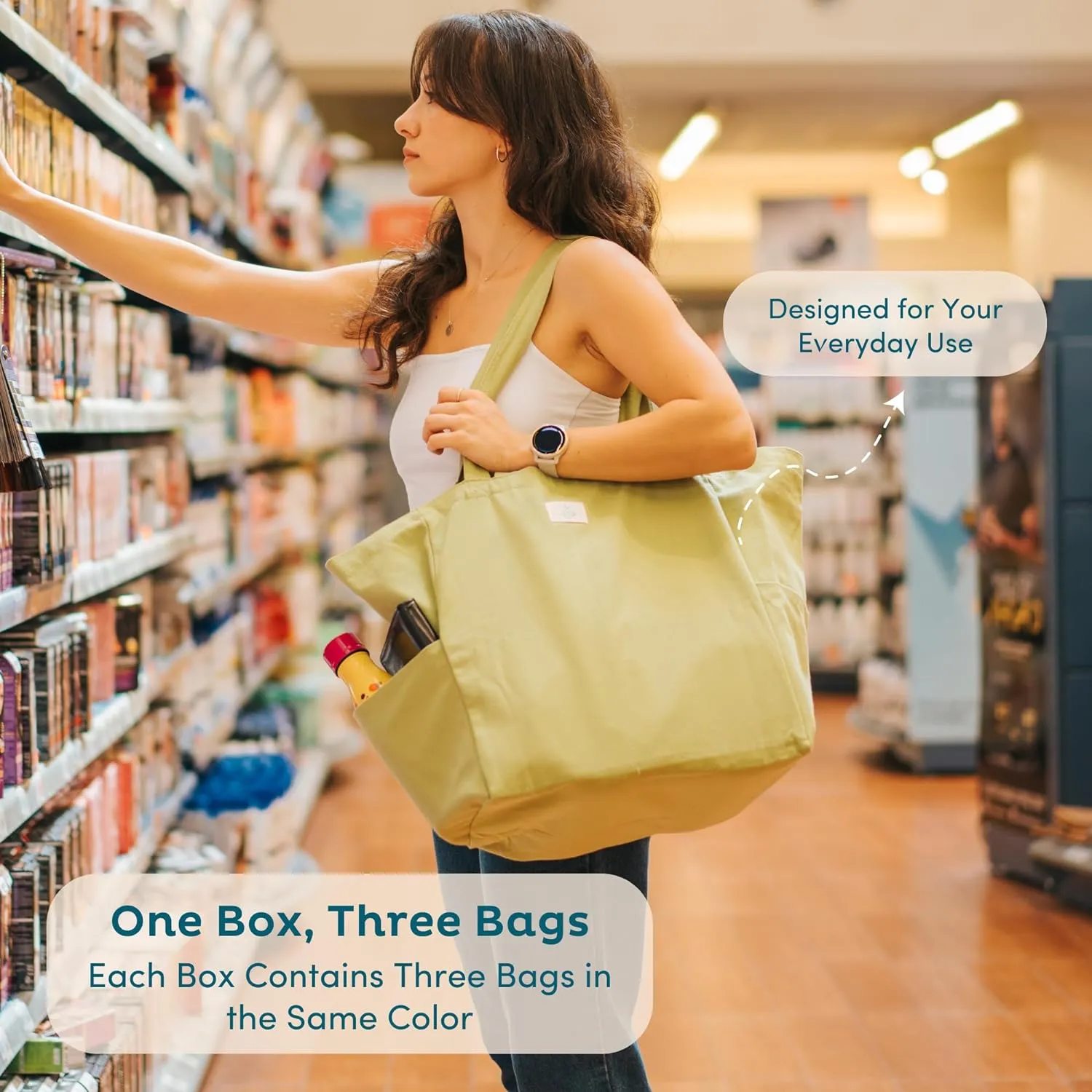 Nook Theory 3 Pcs Reusable Grocery Bags - Heavy Duty Canvas Bags, Large Reusable Shopping Bag, Picnic, 100% Cotton (Cream)