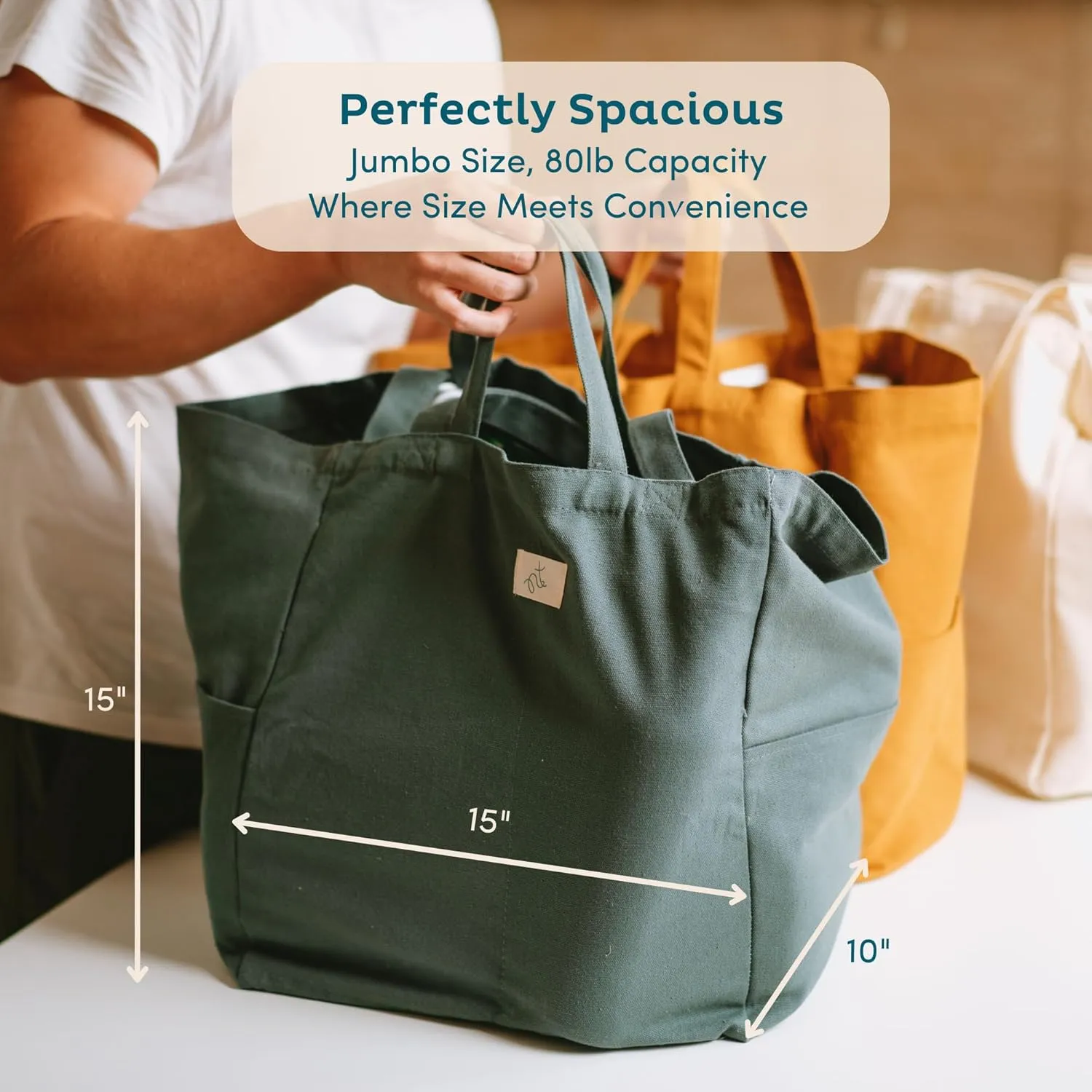 Nook Theory 3 Pcs Reusable Grocery Bags - Heavy Duty Canvas Bags, Large Reusable Shopping Bag, Picnic, 100% Cotton (Cream)