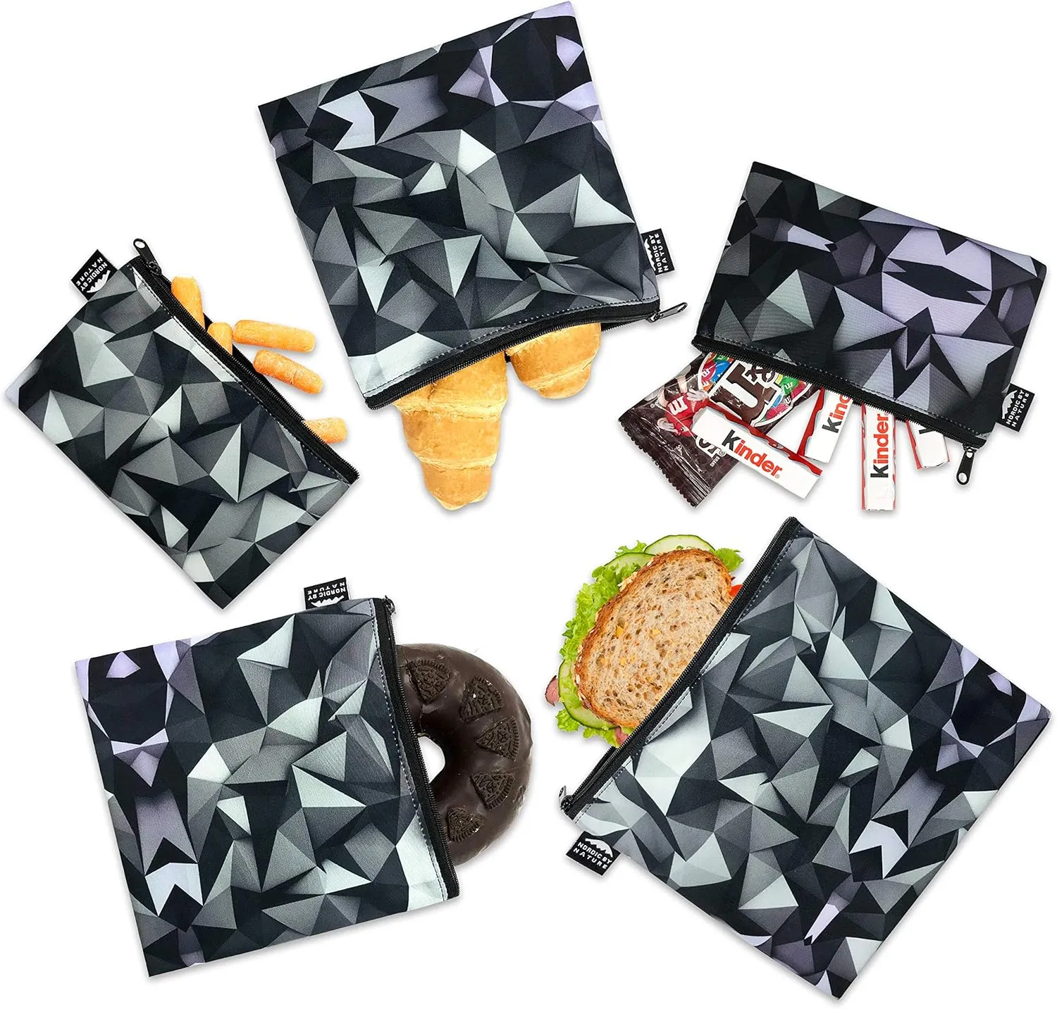 Nordic By Nature Reusable Sandwich Bag Snack Bags - Value Pack of 5 Dual Layer Lunch Baggies - Dishwasher Safe - Eco Friendly Cloth Wraps - Easy Open Zipper (Black Mosaic)