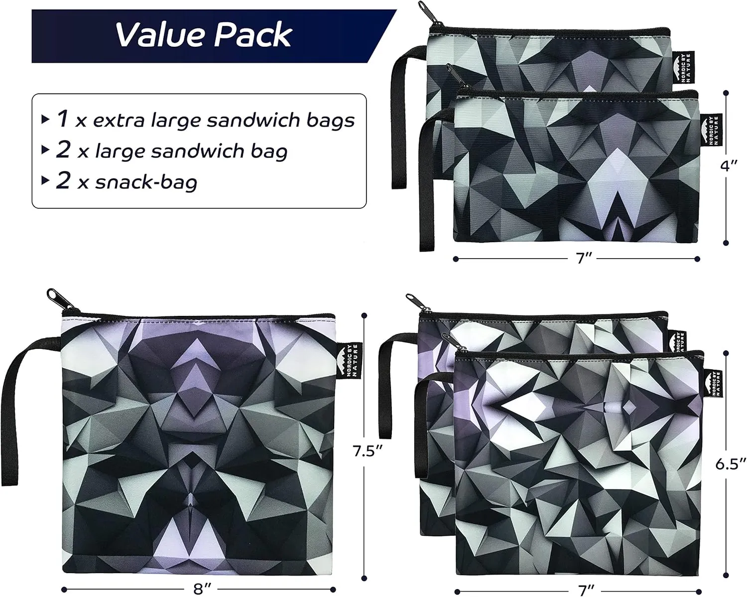 Nordic By Nature Reusable Sandwich Bag Snack Bags - Value Pack of 5 Dual Layer Lunch Baggies - Dishwasher Safe - Eco Friendly Cloth Wraps - Easy Open Zipper (Black Mosaic)