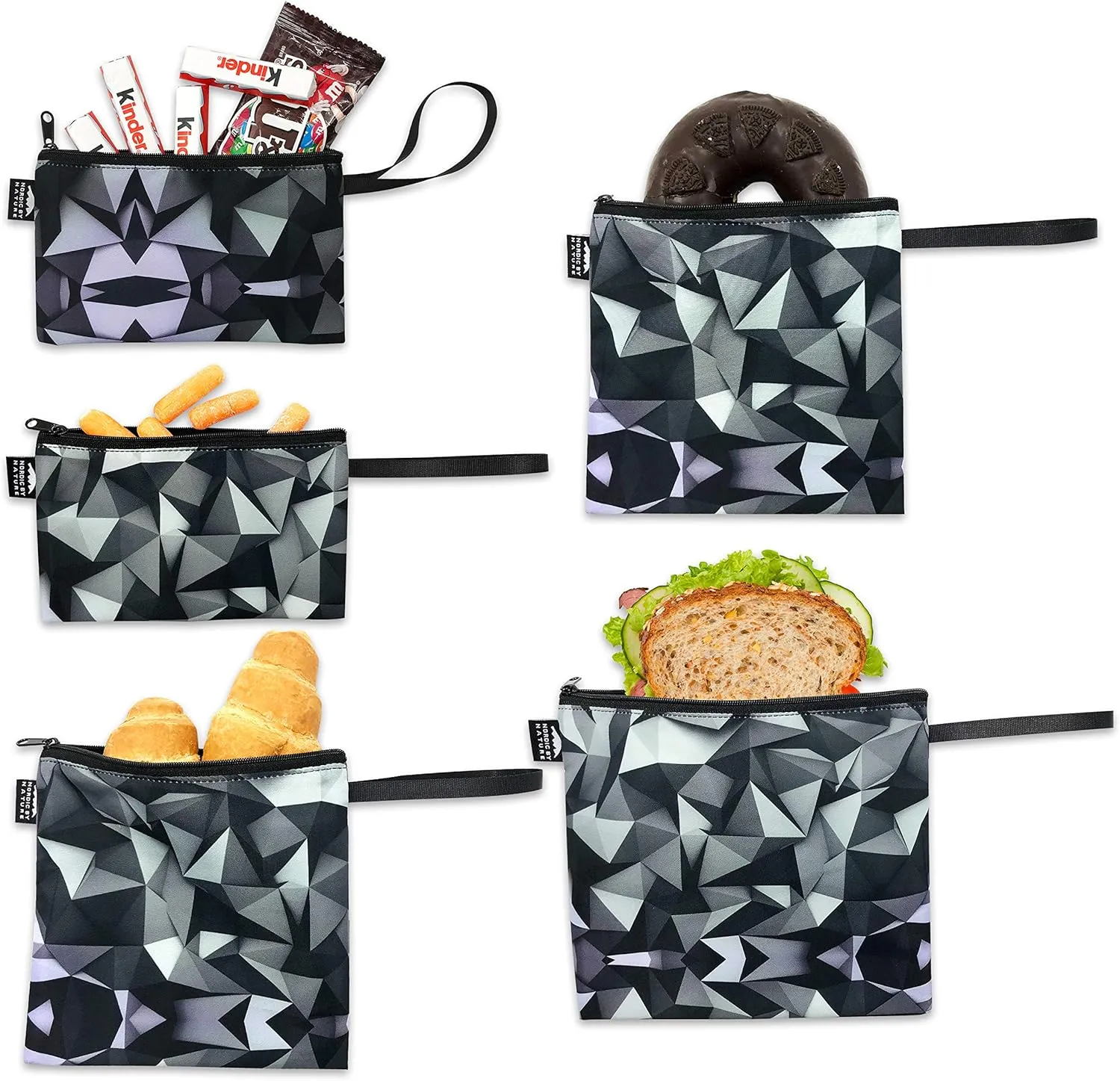 Nordic By Nature Reusable Sandwich Bag Snack Bags - Value Pack of 5 Dual Layer Lunch Baggies - Dishwasher Safe - Eco Friendly Cloth Wraps - Easy Open Zipper (Black Mosaic)