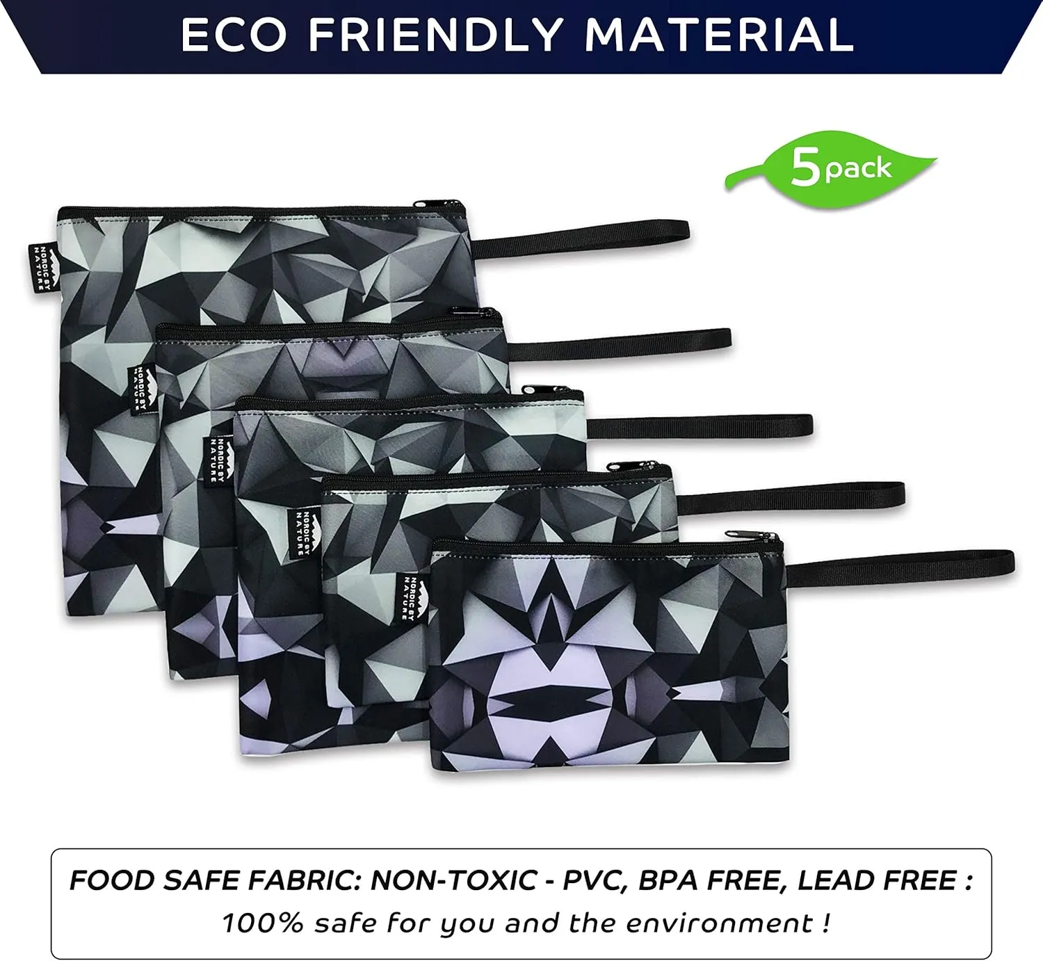 Nordic By Nature Reusable Sandwich Bag Snack Bags - Value Pack of 5 Dual Layer Lunch Baggies - Dishwasher Safe - Eco Friendly Cloth Wraps - Easy Open Zipper (Black Mosaic)