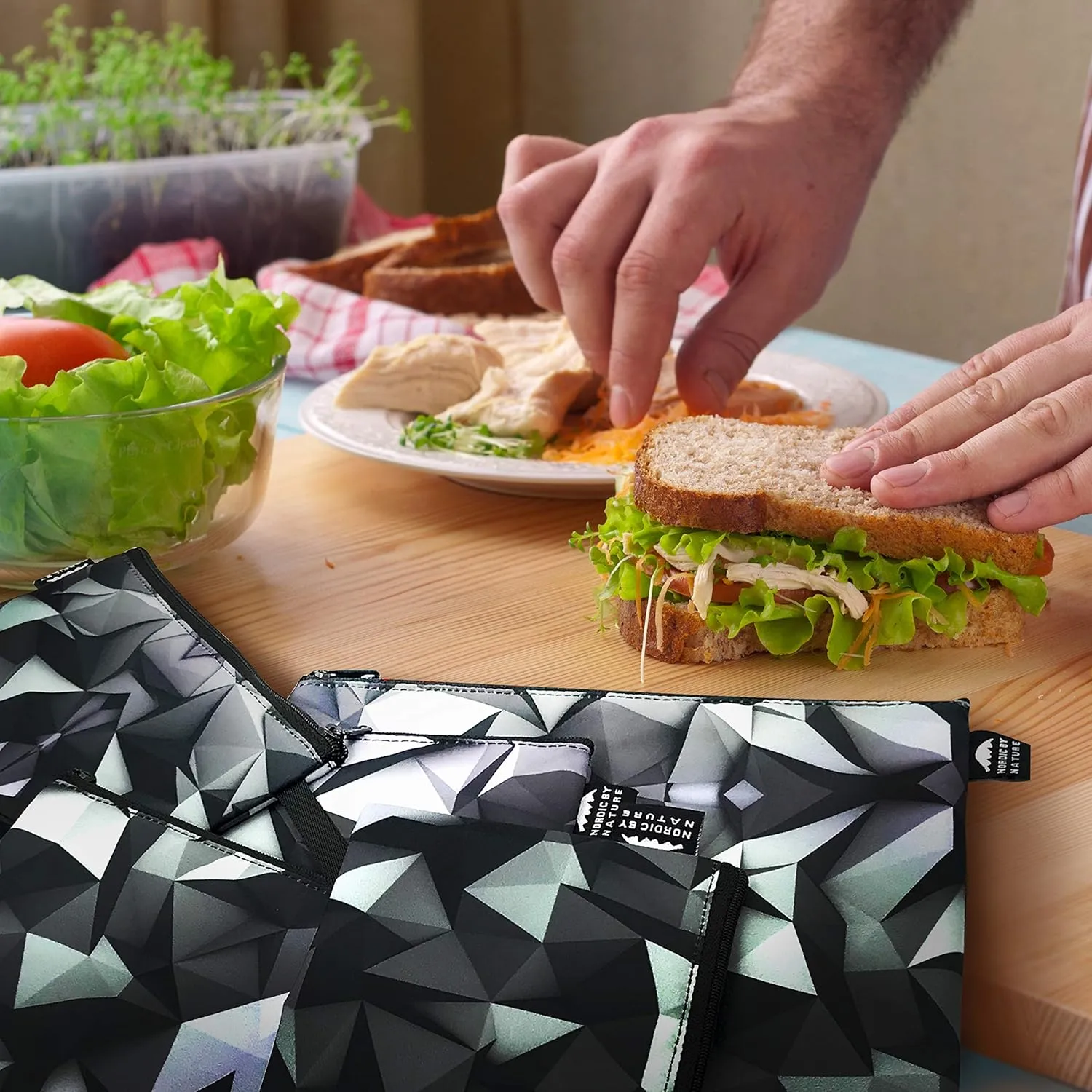 Nordic By Nature Reusable Sandwich Bag Snack Bags - Value Pack of 5 Dual Layer Lunch Baggies - Dishwasher Safe - Eco Friendly Cloth Wraps - Easy Open Zipper (Black Mosaic)