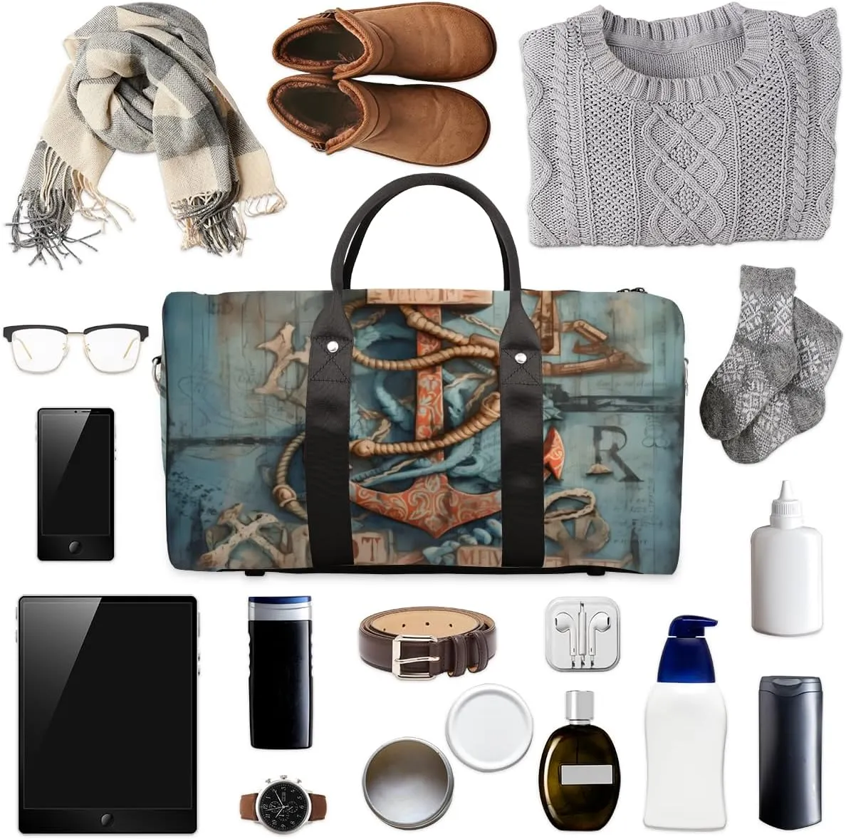 Ocean Anchor Travel Duffle Bag for Women Men Gym Duffel Foldable Bag Waterproof Weekender Rustic Art Duffle Tote