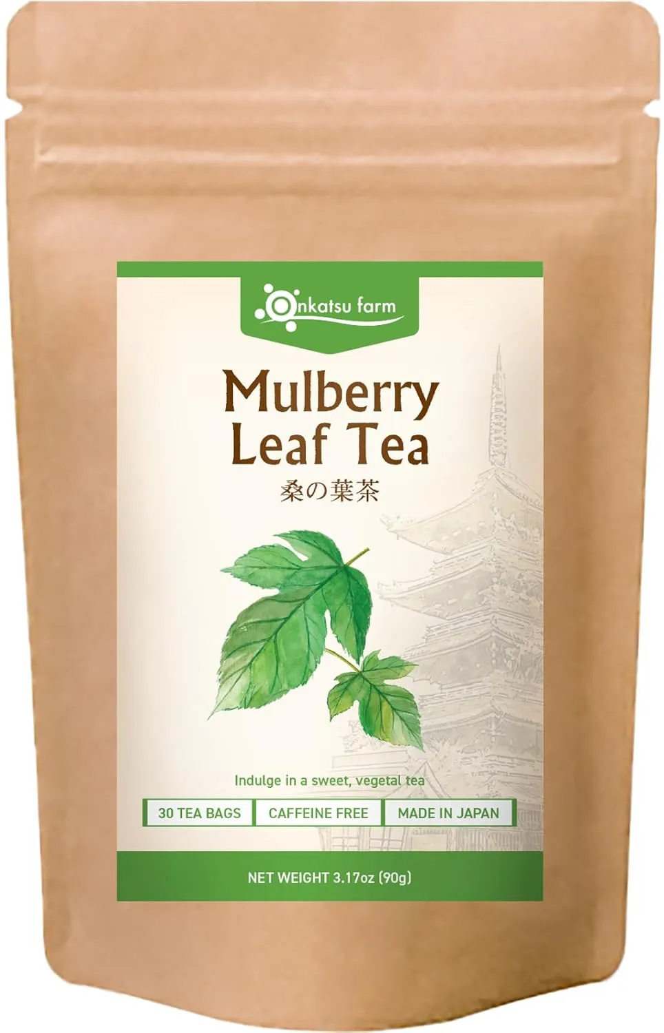 [Onkatsu Farm] Kuwanoha Mulberry Leaf Tea - Non-Caffeinated - 30 Count Pyramid Tea Bags - Japanese Tea Made In Japan - English Label