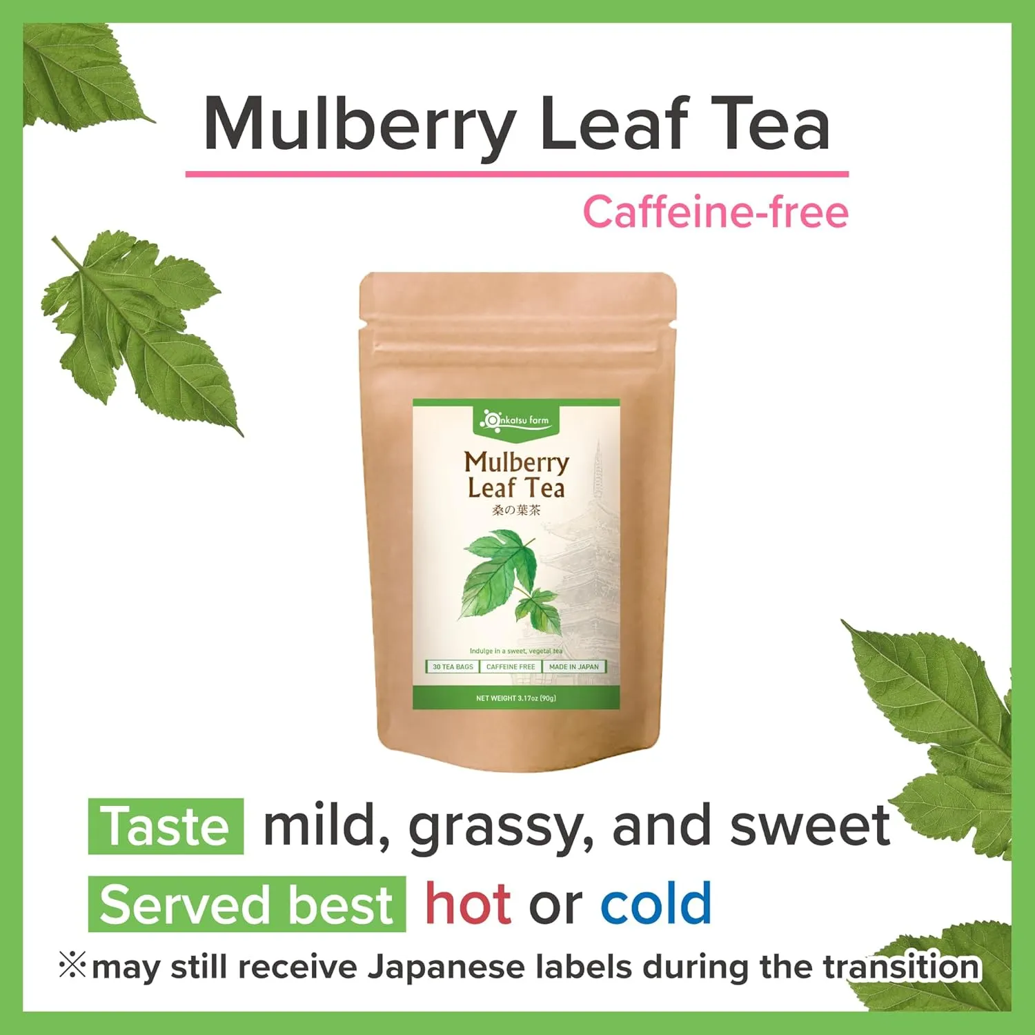 [Onkatsu Farm] Kuwanoha Mulberry Leaf Tea - Non-Caffeinated - 30 Count Pyramid Tea Bags - Japanese Tea Made In Japan - English Label