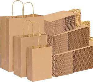 OUTUXED 180pcs Paper Bags with Handles Brown Kraft Paper Gift Bags Assorted Sizes (8/10/12.6 Inches) Bulk for Gift, Merchandise, Retail, Shopping, Party Favor