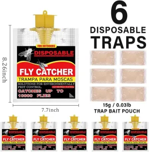 Pack of 6 Fly Bags Outdoor Disposable, Fly Traps Outdoor, Includes 6 Baits, Fly Catcher Outdoor for Butcher's Stall, Orchards, Barns, Ranch, Farm, Patio, Camping