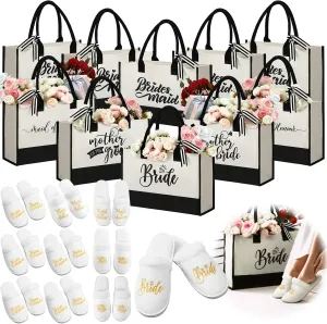 Paterr 10 Pcs Bridesmaid Proposal Tote Bags 10 Pairs Women Bride Slippers Set Wedding Bridesmaid Canvas Bags Gifts for Maid of Honor Mother of The Bride and Groom Bridal Shower Bachelorette Proposal