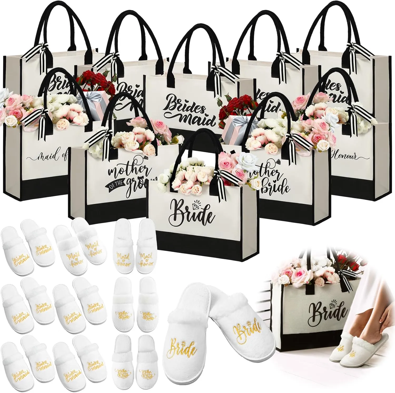 Paterr 10 Pcs Bridesmaid Proposal Tote Bags 10 Pairs Women Bride Slippers Set Wedding Bridesmaid Canvas Bags Gifts for Maid of Honor Mother of The Bride and Groom Bridal Shower Bachelorette Proposal