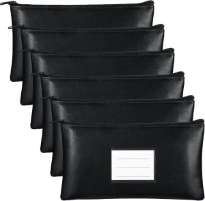 Paterr 6 Pcs Money Bags with Zipper PU Leather Deposit Bank Bag Security Money Pouch Receipt Holder Bank Bag Wallet with Label for Cash Coin Makeup Cosmetics Bills Tickets, 11 x 6 Inch(Black)