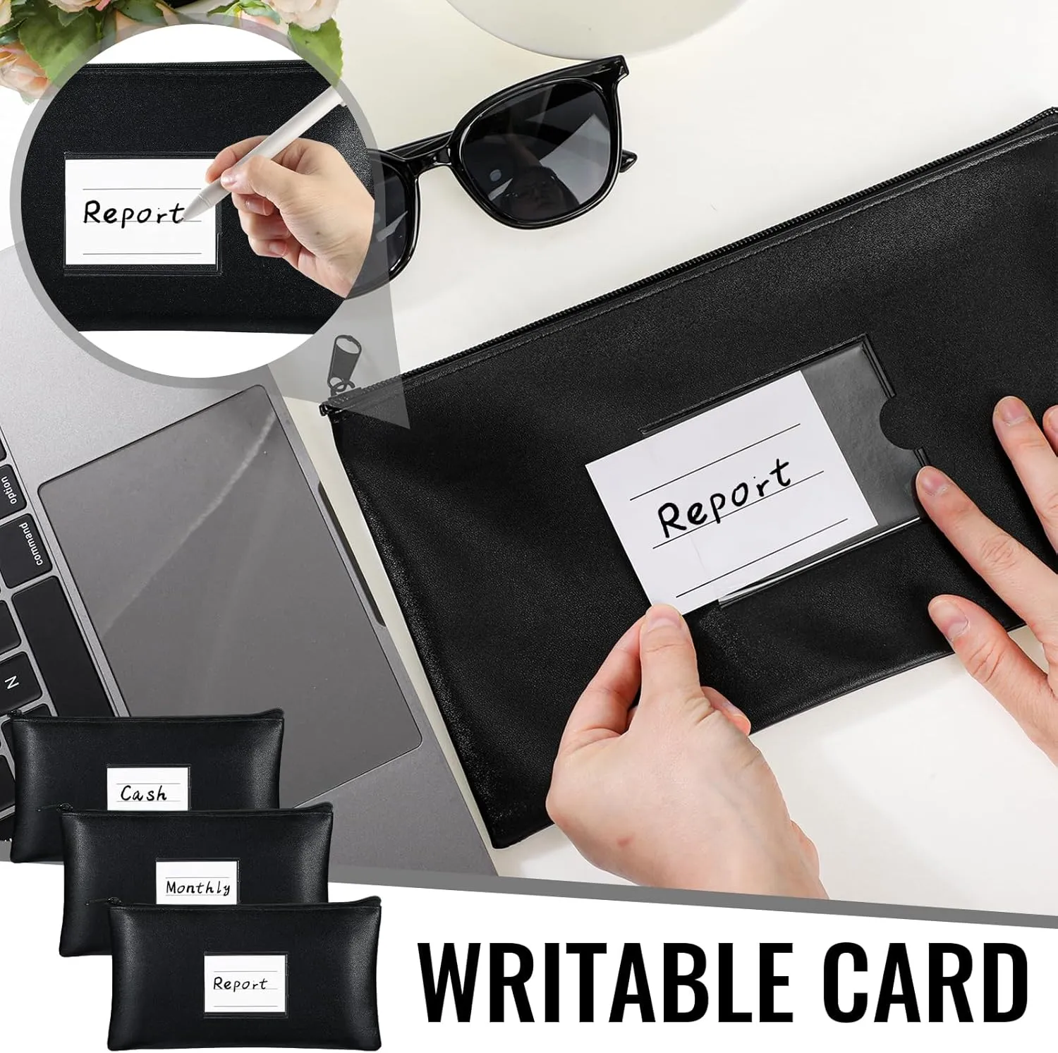 Paterr 6 Pcs Money Bags with Zipper PU Leather Deposit Bank Bag Security Money Pouch Receipt Holder Bank Bag Wallet with Label for Cash Coin Makeup Cosmetics Bills Tickets, 11 x 6 Inch(Black)