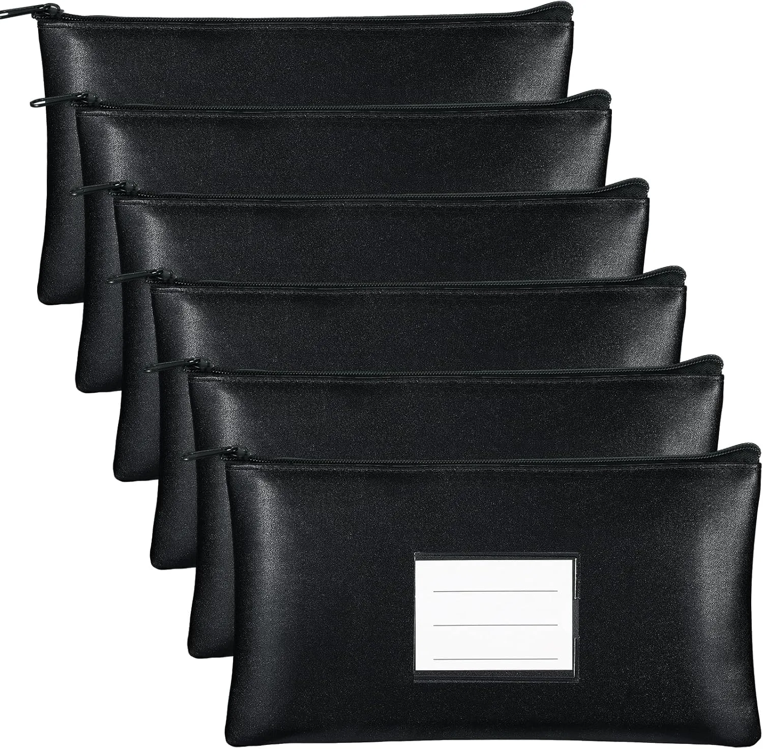 Paterr 6 Pcs Money Bags with Zipper PU Leather Deposit Bank Bag Security Money Pouch Receipt Holder Bank Bag Wallet with Label for Cash Coin Makeup Cosmetics Bills Tickets, 11 x 6 Inch(Black)