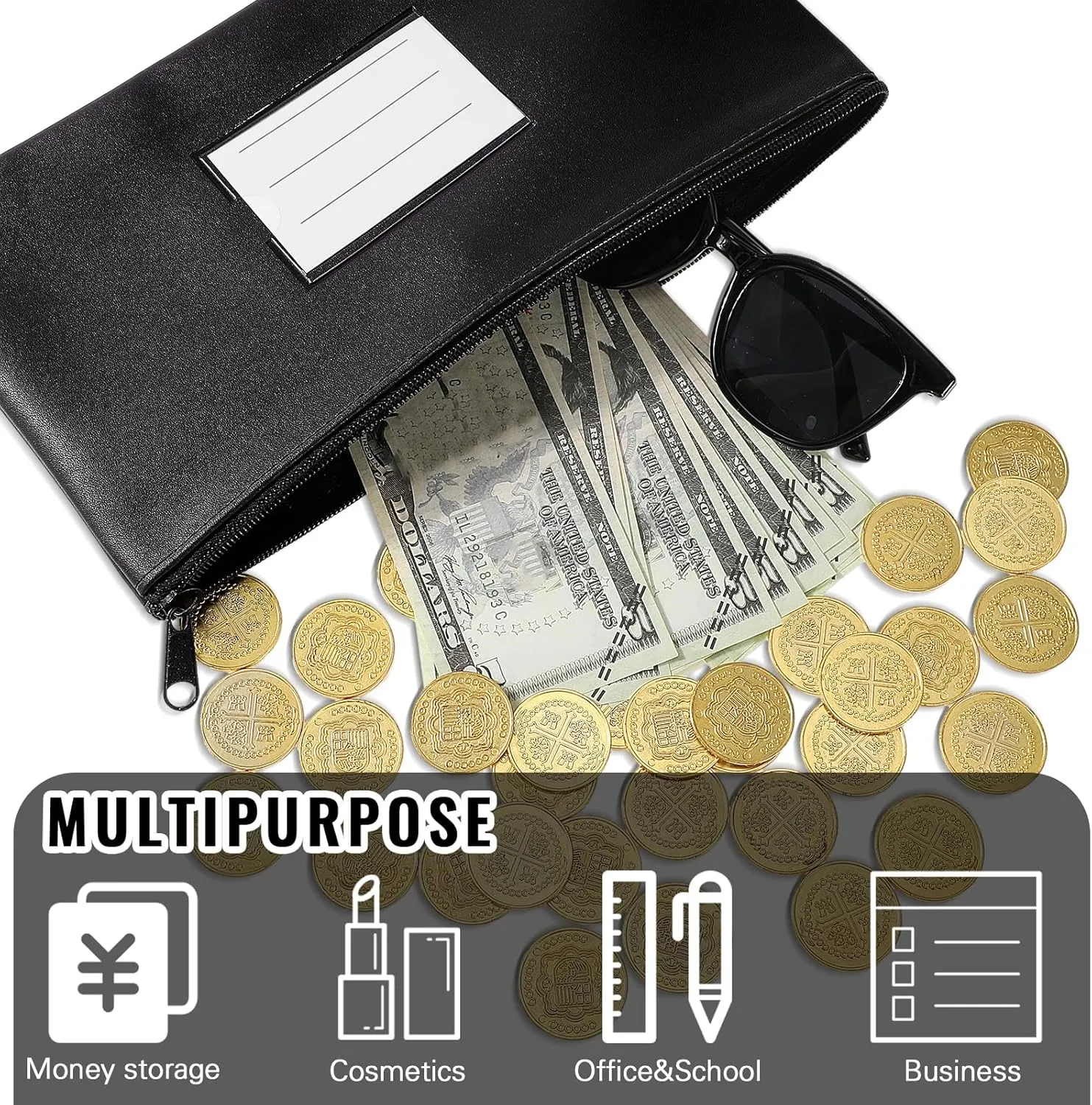 Paterr 6 Pcs Money Bags with Zipper PU Leather Deposit Bank Bag Security Money Pouch Receipt Holder Bank Bag Wallet with Label for Cash Coin Makeup Cosmetics Bills Tickets, 11 x 6 Inch(Black)