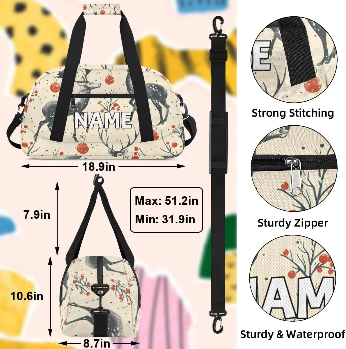 Personalized Custom Gym Bag for Women Men Carry on Forest Deer Travel Duffel Tote Rustic Wildlife Overnight Workout Weekender Bag